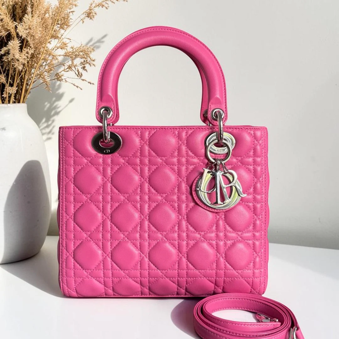 Dior Lady Medium - Cannage Lambskin Barbie Pink Silver Hardware Strap