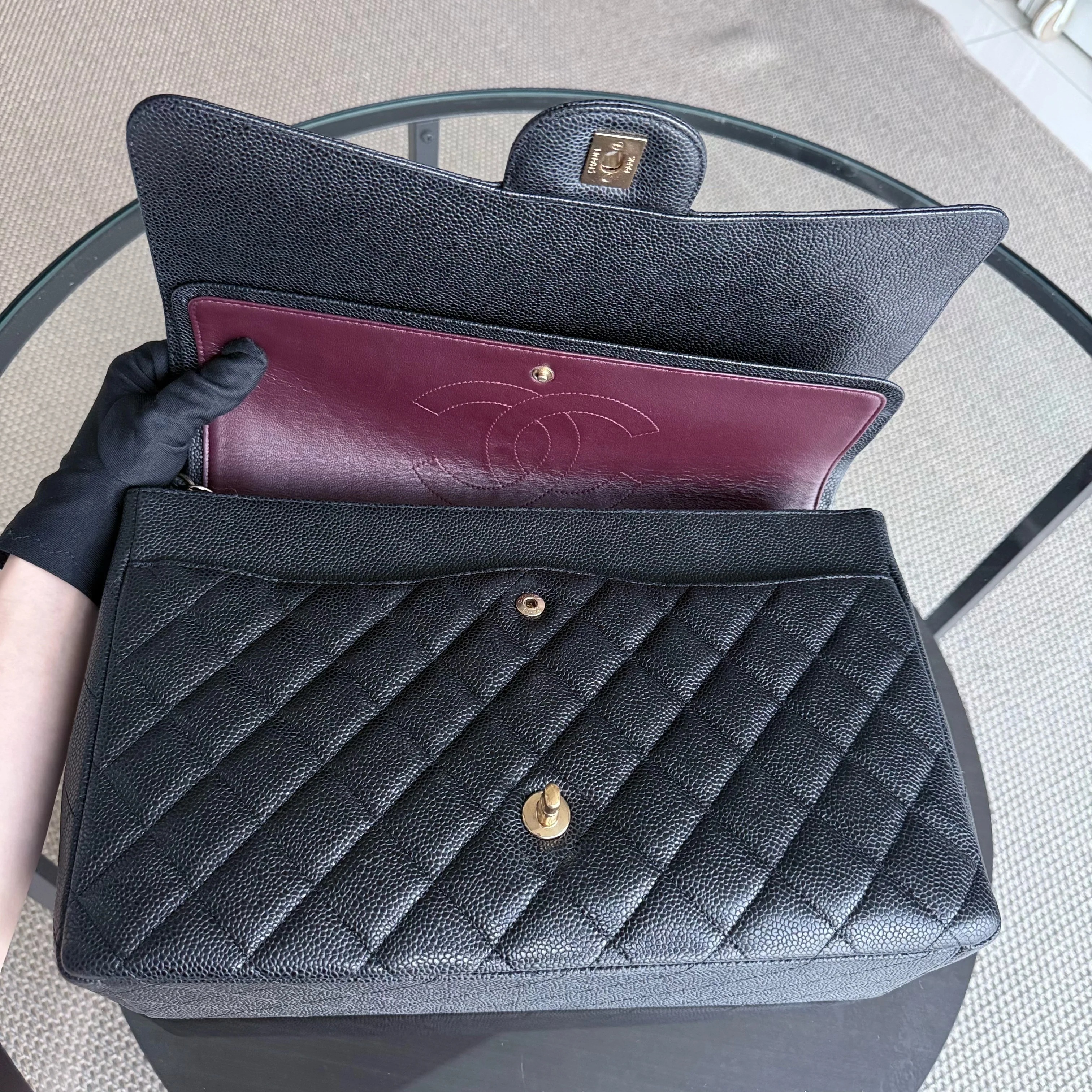 Chanel Classic Flap Maxi - Caviar Double Flap 33CM Quilted Black Gold Hardware Series 15