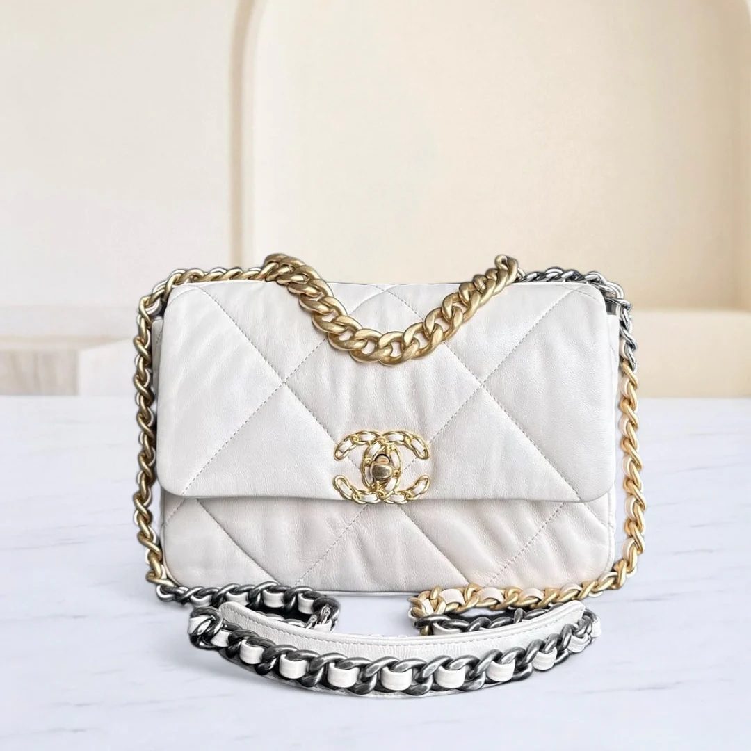 Chanel 19 Bag Small - C19 Quilted Goatskin Light Beige Two-tone Hardware Series 29