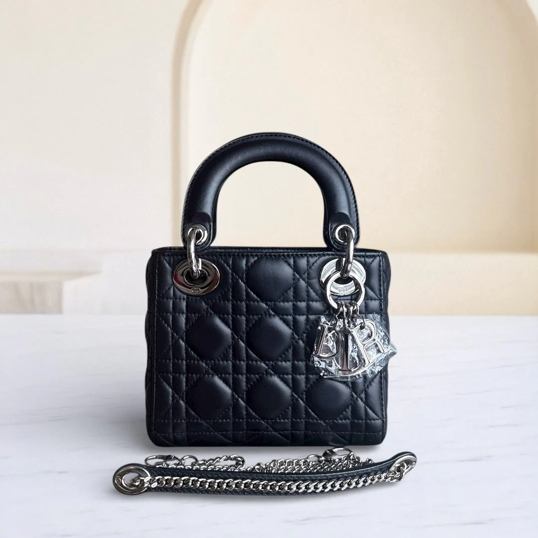 Dior Lady Mini - Cannage Lambskin Midnight Blue Silver Hardware Chain Strap