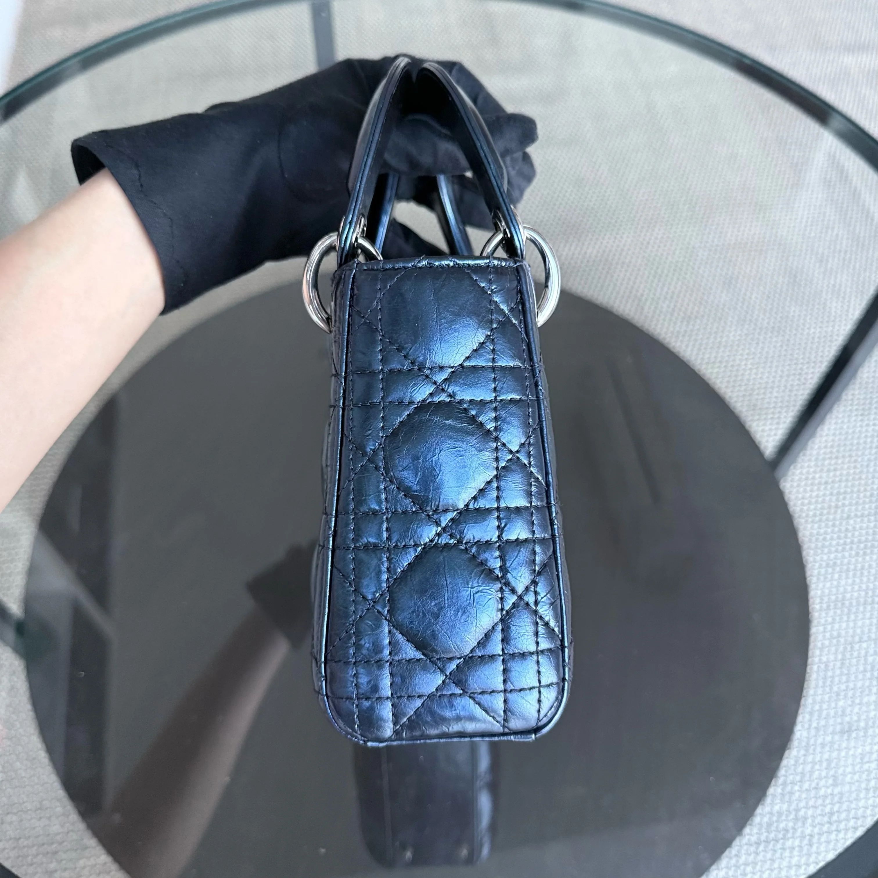 Dior Lady Mini - Cannage Glazed Calfskin Metallic Blue Silver Hardware