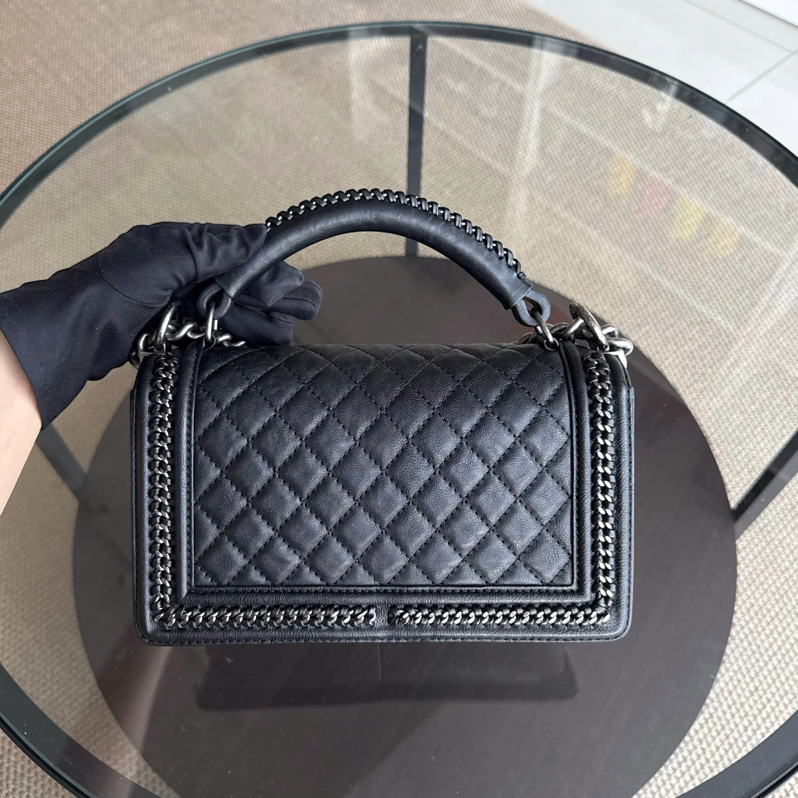 Chanel Boy Handle Old Medium 25CM Black Quilted Caviar With Handle Chain Around Ruthenium Silver Hardware Series 23