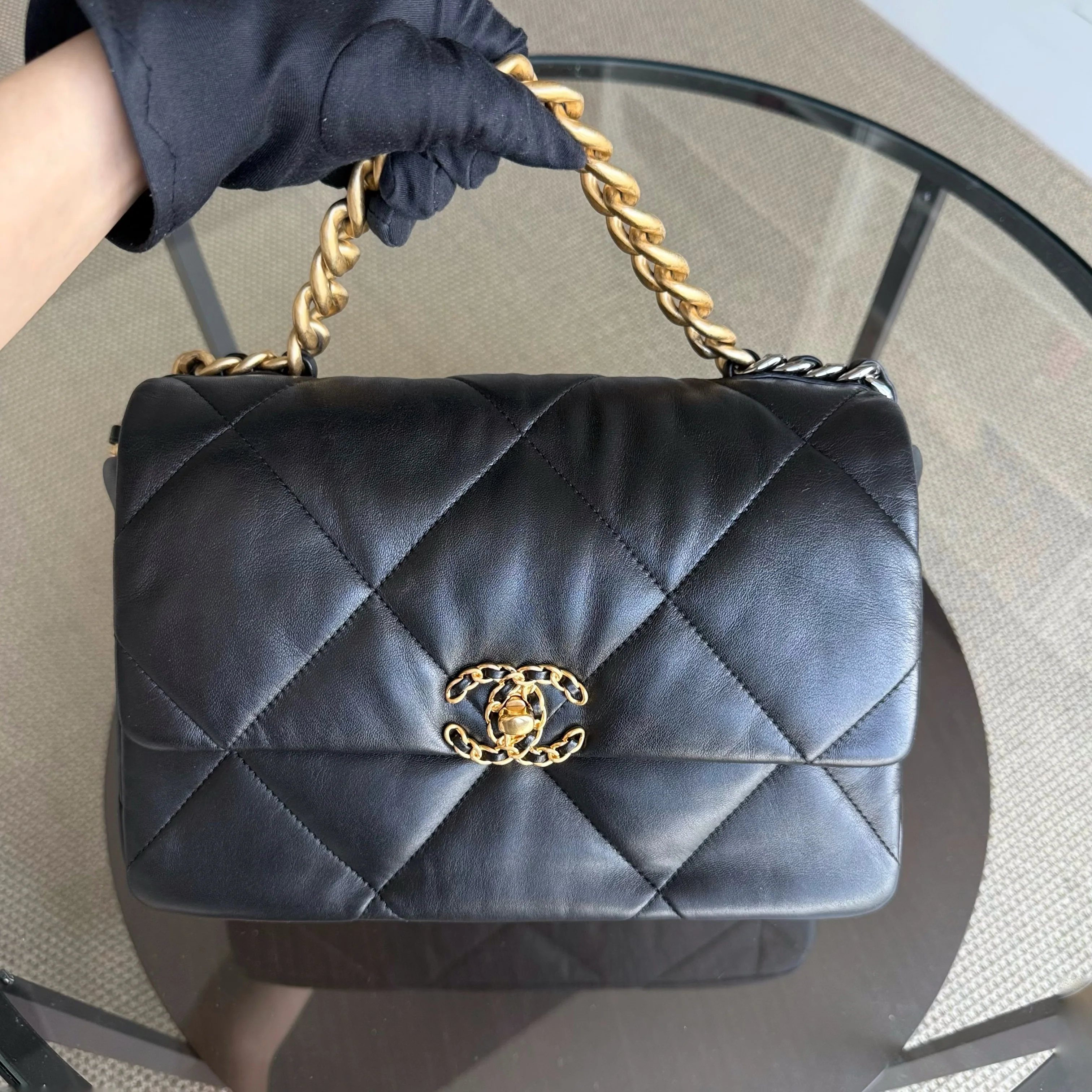 Chanel 19 Bag C19 Medium - Quilted Goatskin Black Two-Tone Gold Hardware Microchip