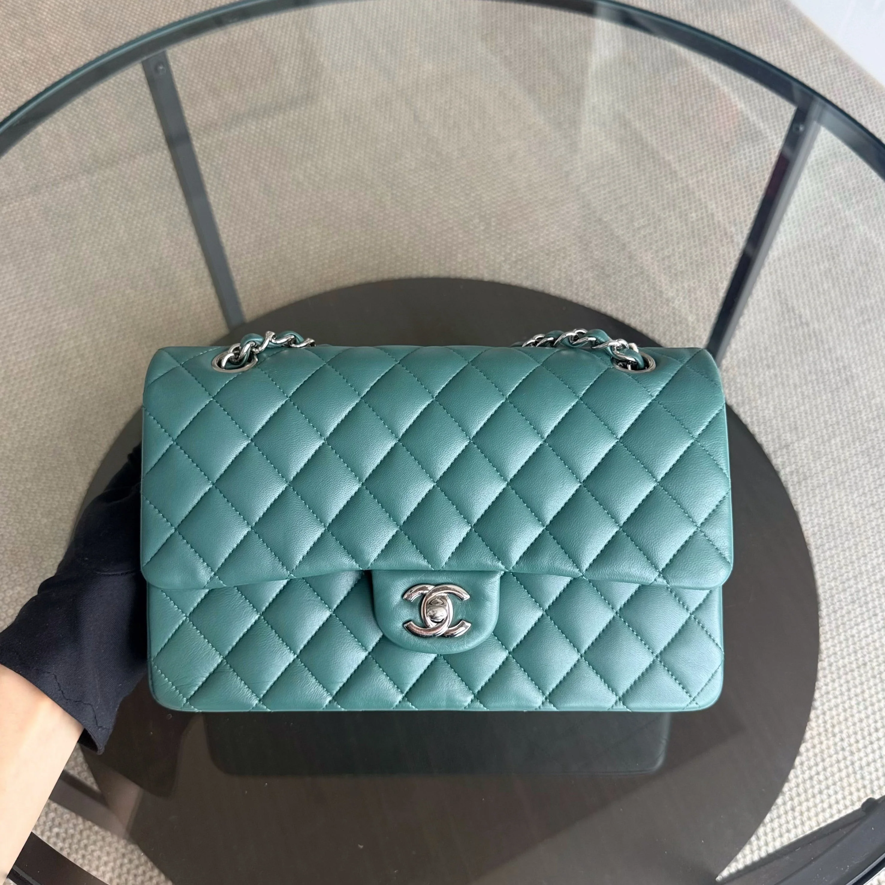 Chanel Classic Flap Medium - 25CM Quilted Lambskin Olive Green Blue Silver Hardware Series 26