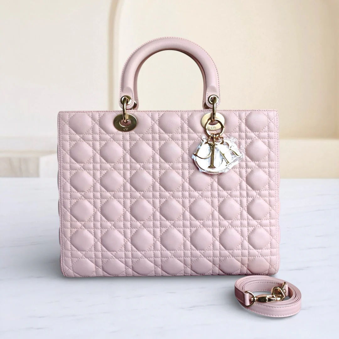 Dior Lady Large - Cannage Lambskin Light Pink Gold Hardware