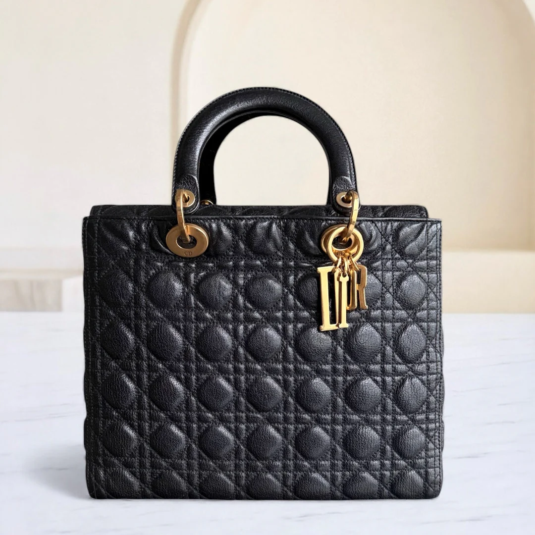 DIor Lady Large - Cannage Grained Calfskin Black Gold Hardware NO STRAP