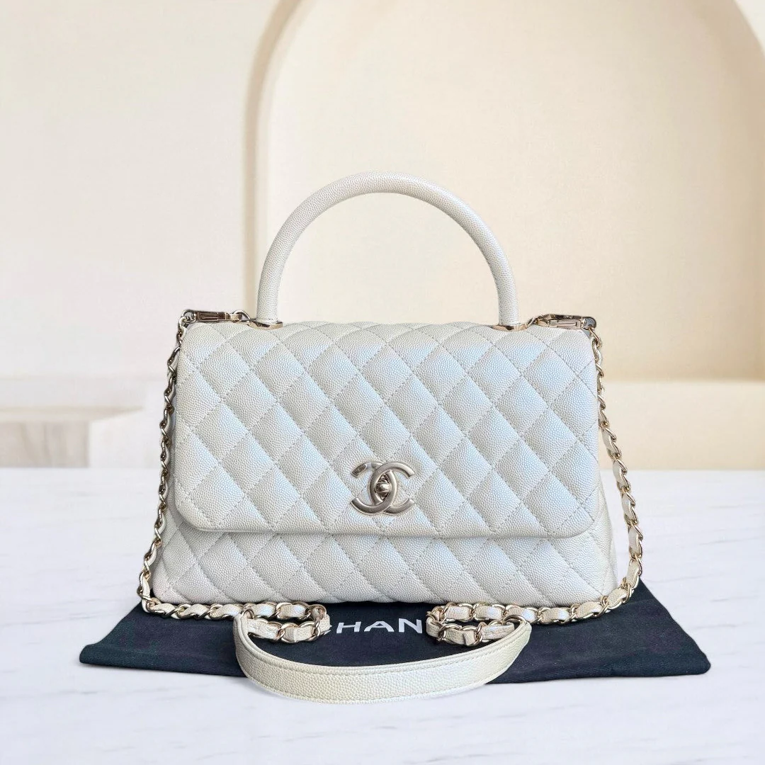 Chanel Coco Handle Medium - Caviar 29CM Quilted Irridescent Pearl White Gold Hardware Series 30