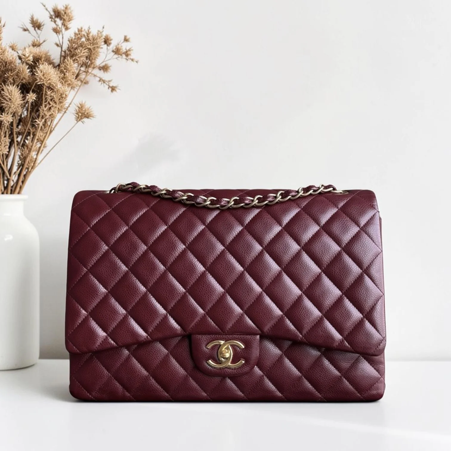 Chanel Classic Flap Maxi - Caviar Double Flap Quilted Burgundy Gold Hardware Series 21