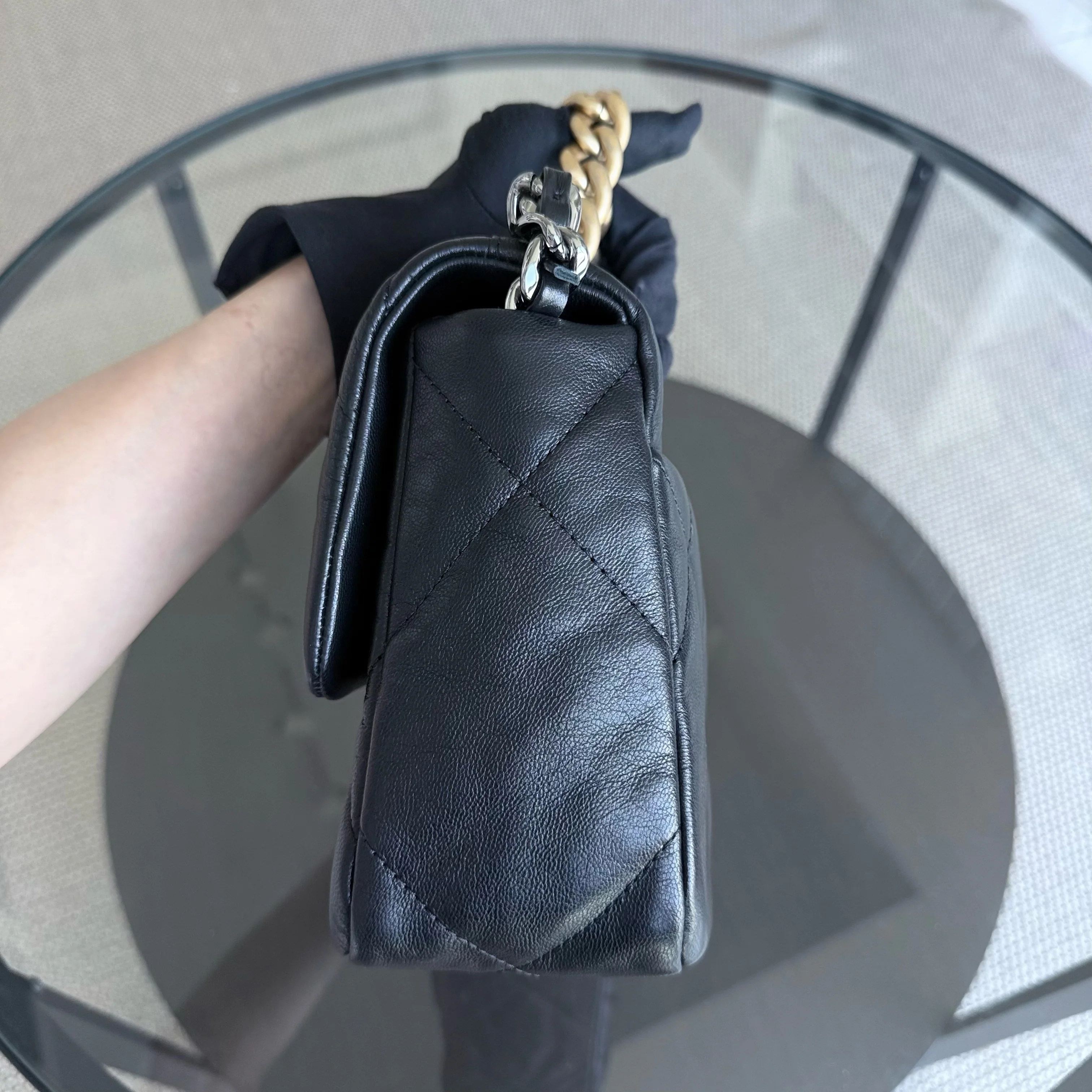 Chanel 19Bag C19 Small - Quilted Goatskin Black Gold Two-tone Hardware Series 30