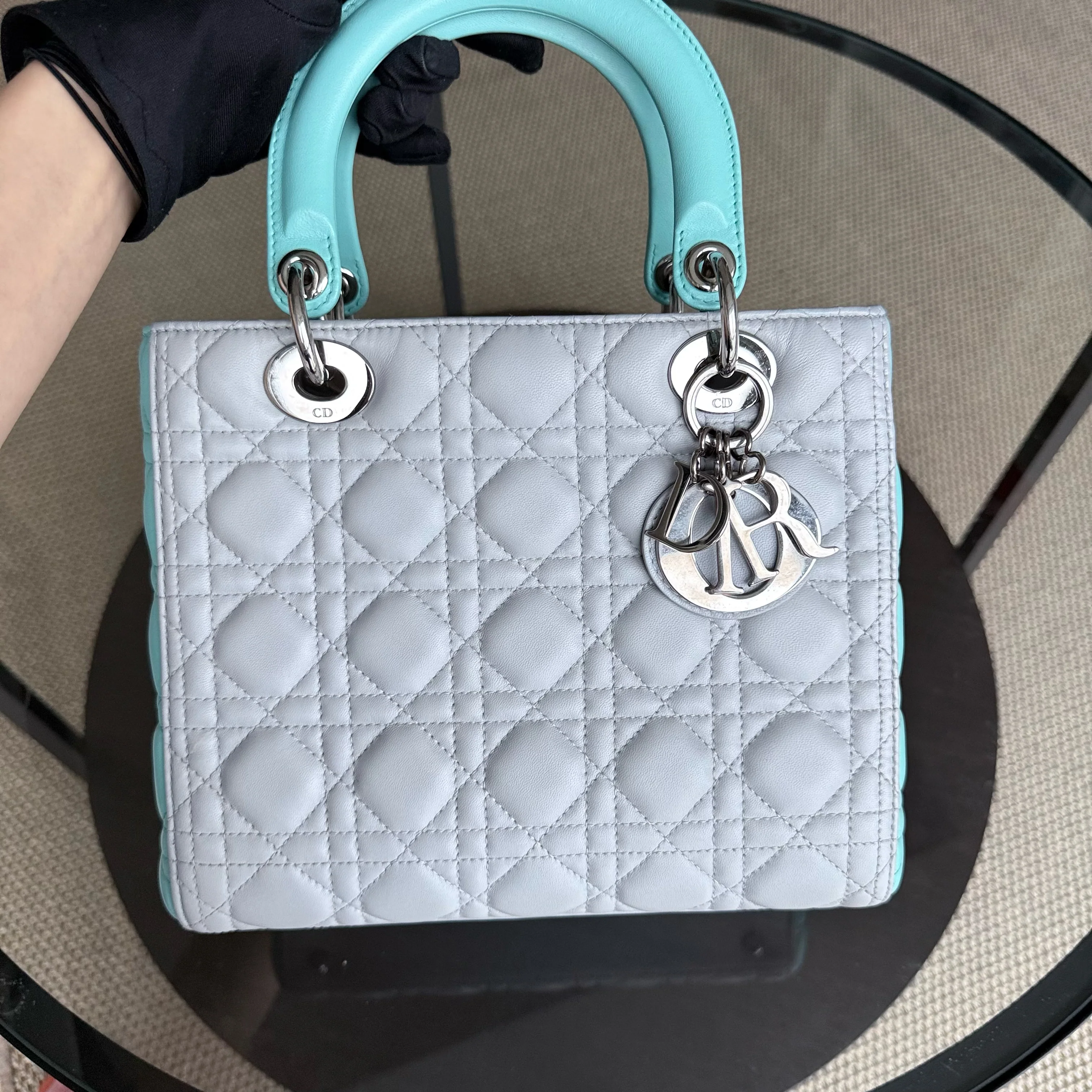 Dior Lady Medium - Cannage Lambskin Bi-Color Cyan Grey Gray Silver Hardware