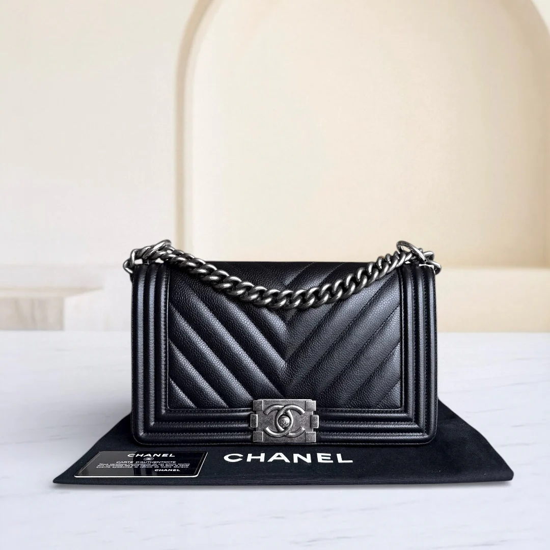 Chanel Boy Medium - 25CM Chevron Caviar Black Ruthenium Silver Hardware Series 29