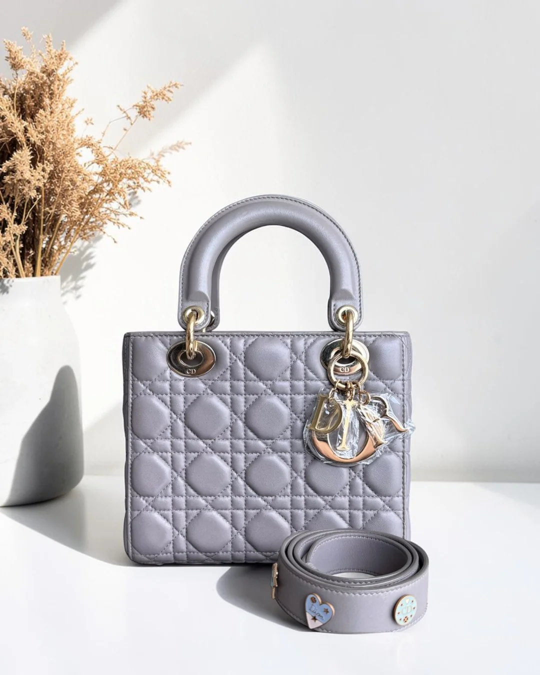 Dior Lady Small - Cannage Lambskin Grey Gray Gold Hardware