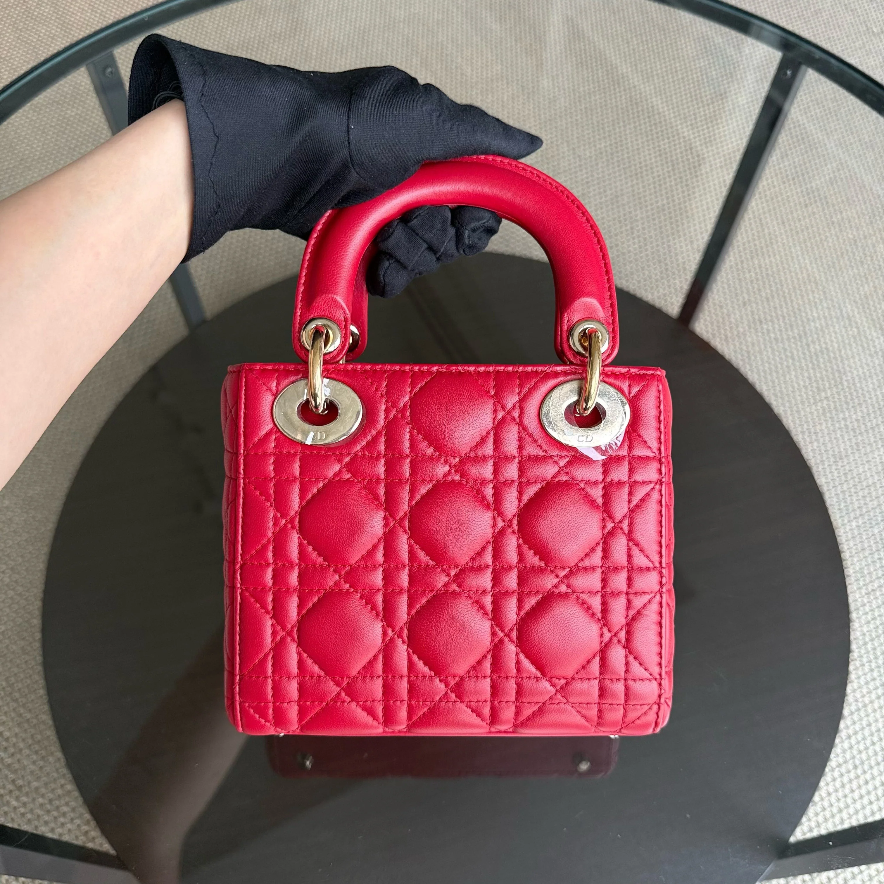 Dior Lady Mini - Cannage Lambskin Red Gold Hardware Adjustable Strap