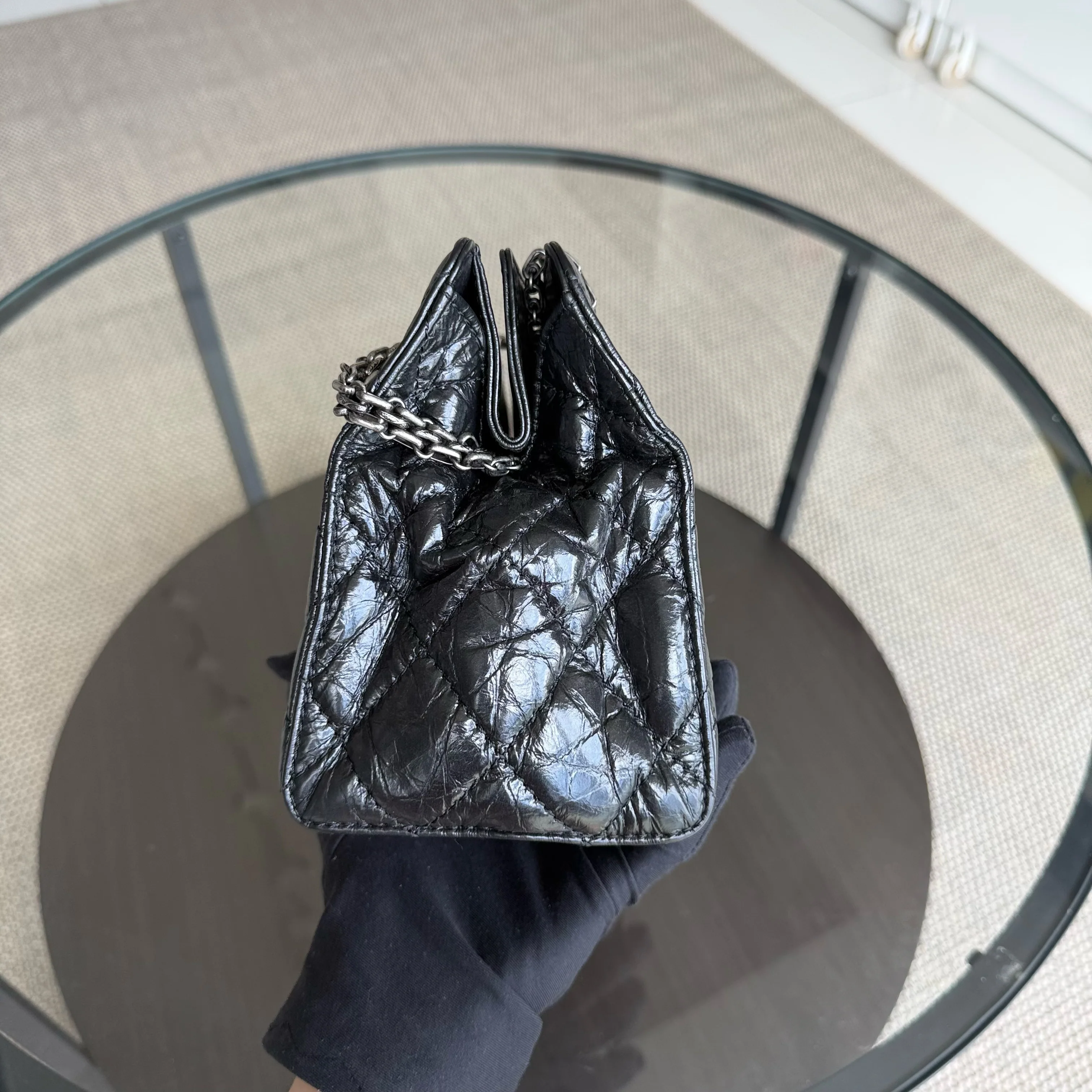 Chanel 2.55 Small Shopping Tote - Quilted Black Glazed Calfskin Silver Hardware Series 20