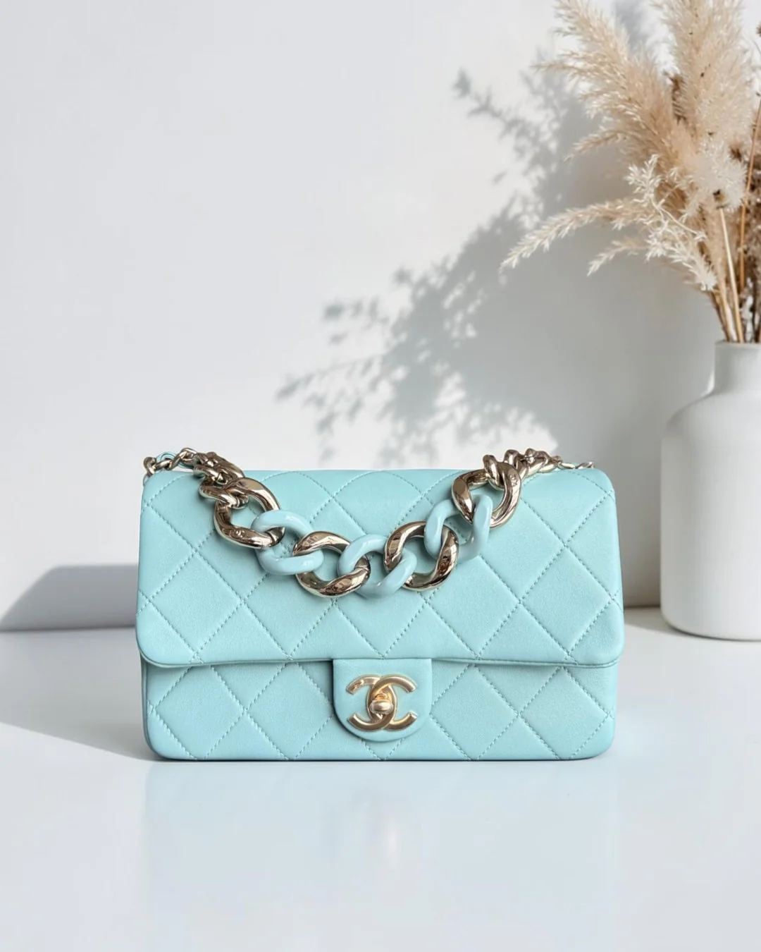 Chanel 2020 Elegant Resin Chain Seasonal Flap - Quilted Lambskin Tiffany Blue GHW No 29