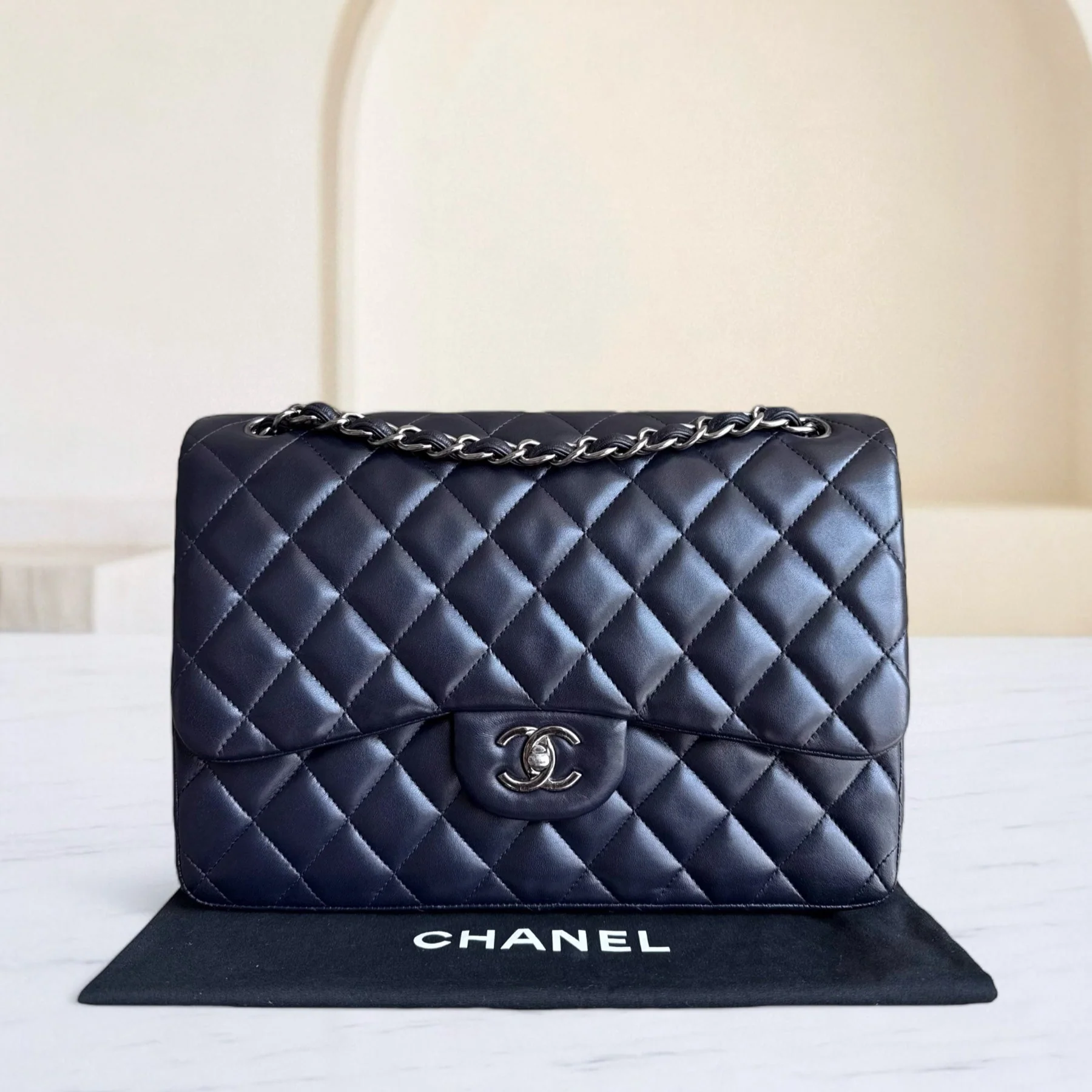 Chanel Classic Flap Jumbo - Double Flap 30CM Quilted Lambskin Dark Blue Silver Hardware Series 23
