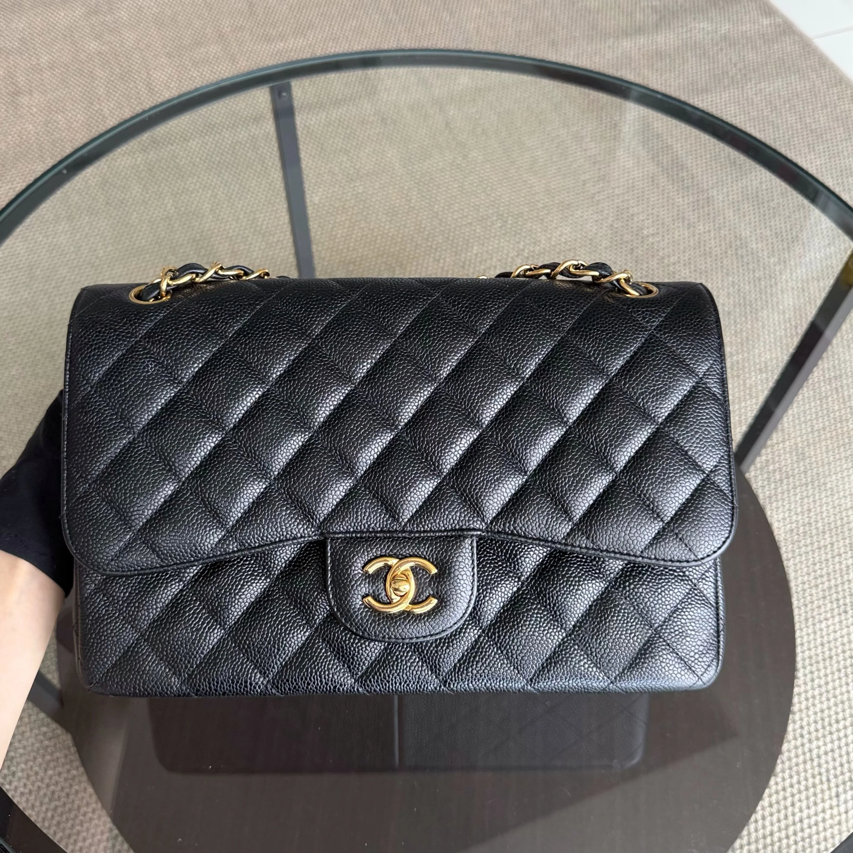 Chanel Classic Flap Jumbo - Caviar 30CM Double Flap Quilted Grained Calfskin Black Gold Hardware