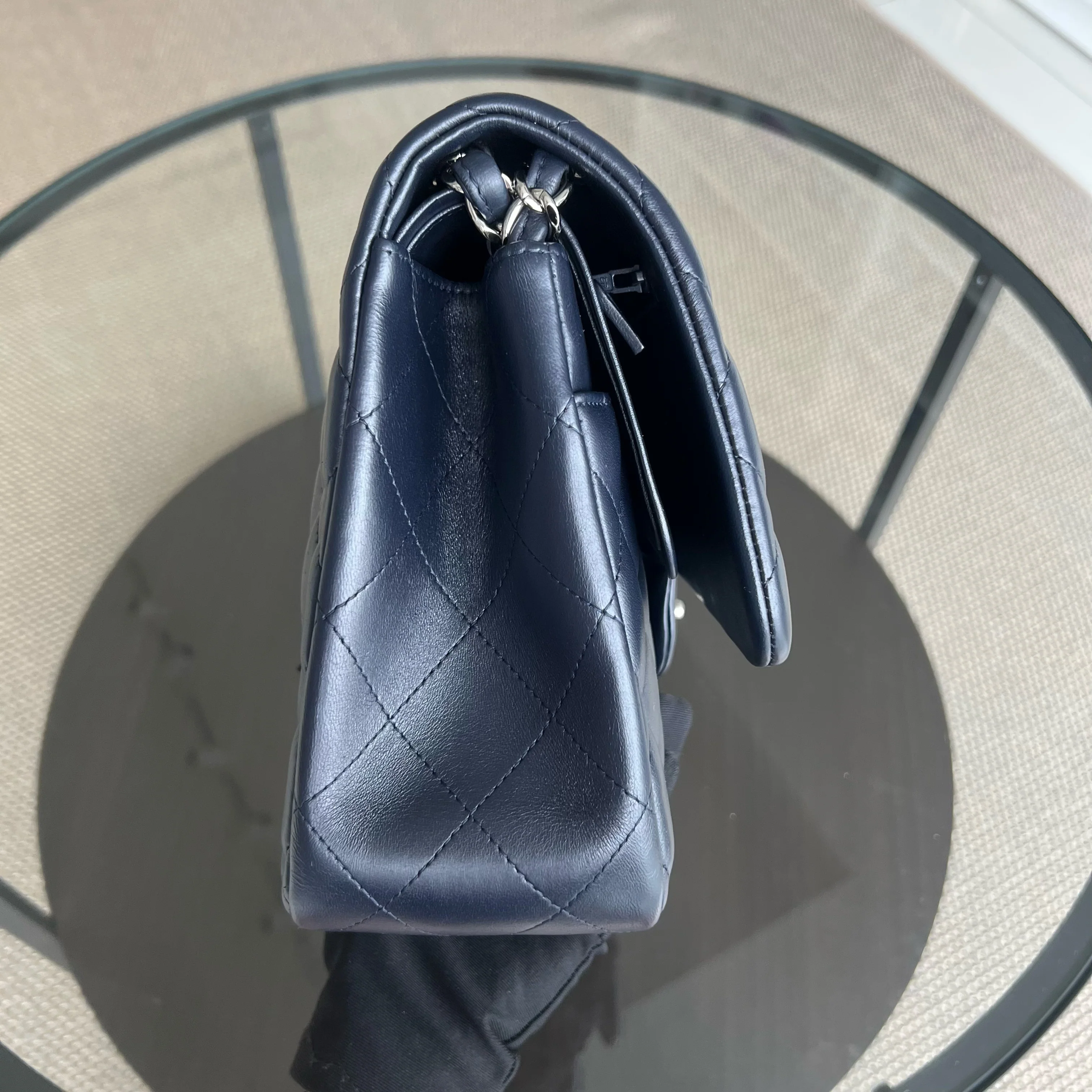 Chanel Classic Flap Jumbo - Double Flap Lambskin 30CM Quilted Dark Navy Blue Silver Hardware Series 23