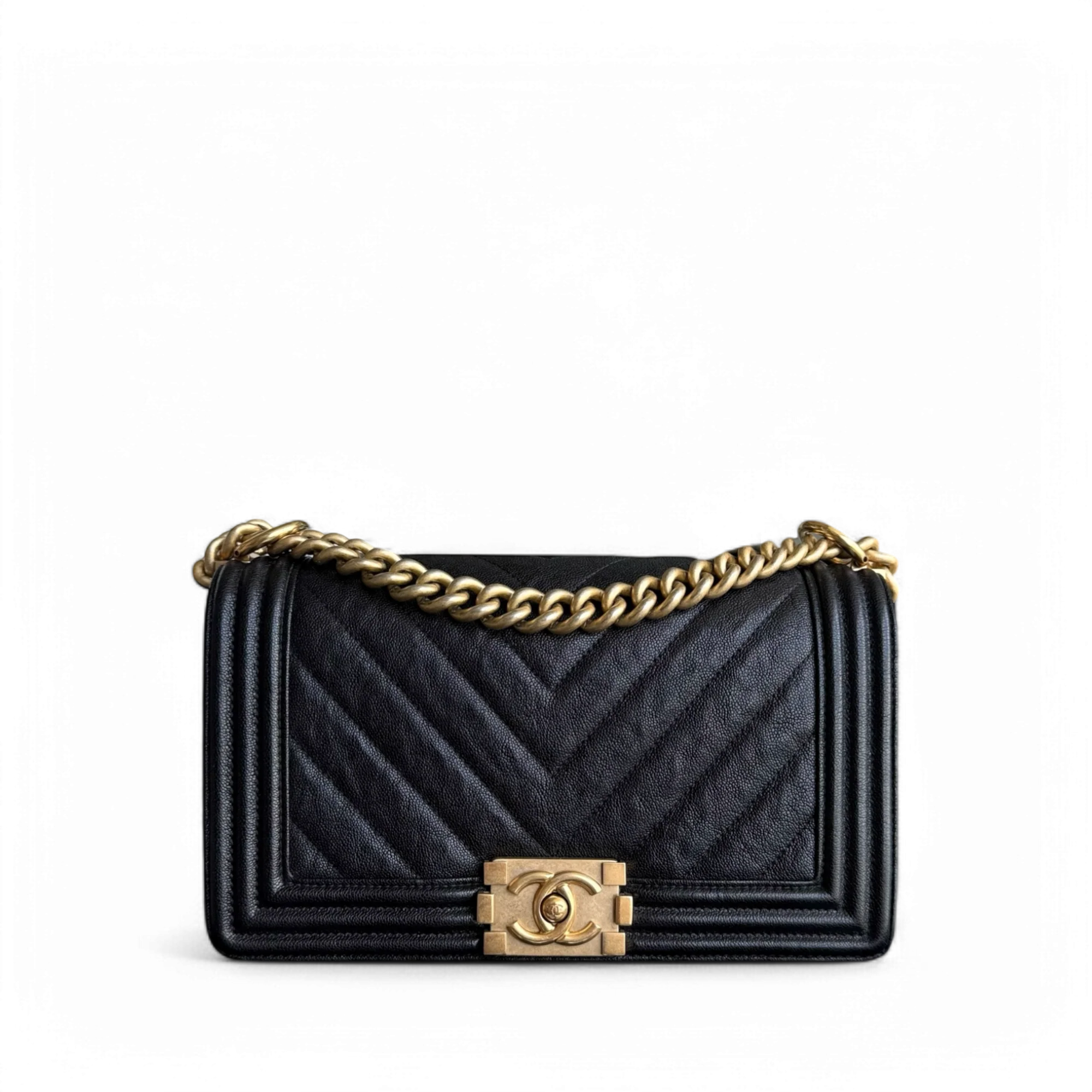 Chanel Boy Medium - Caviar 25CM Chevron Black Gold Hardware