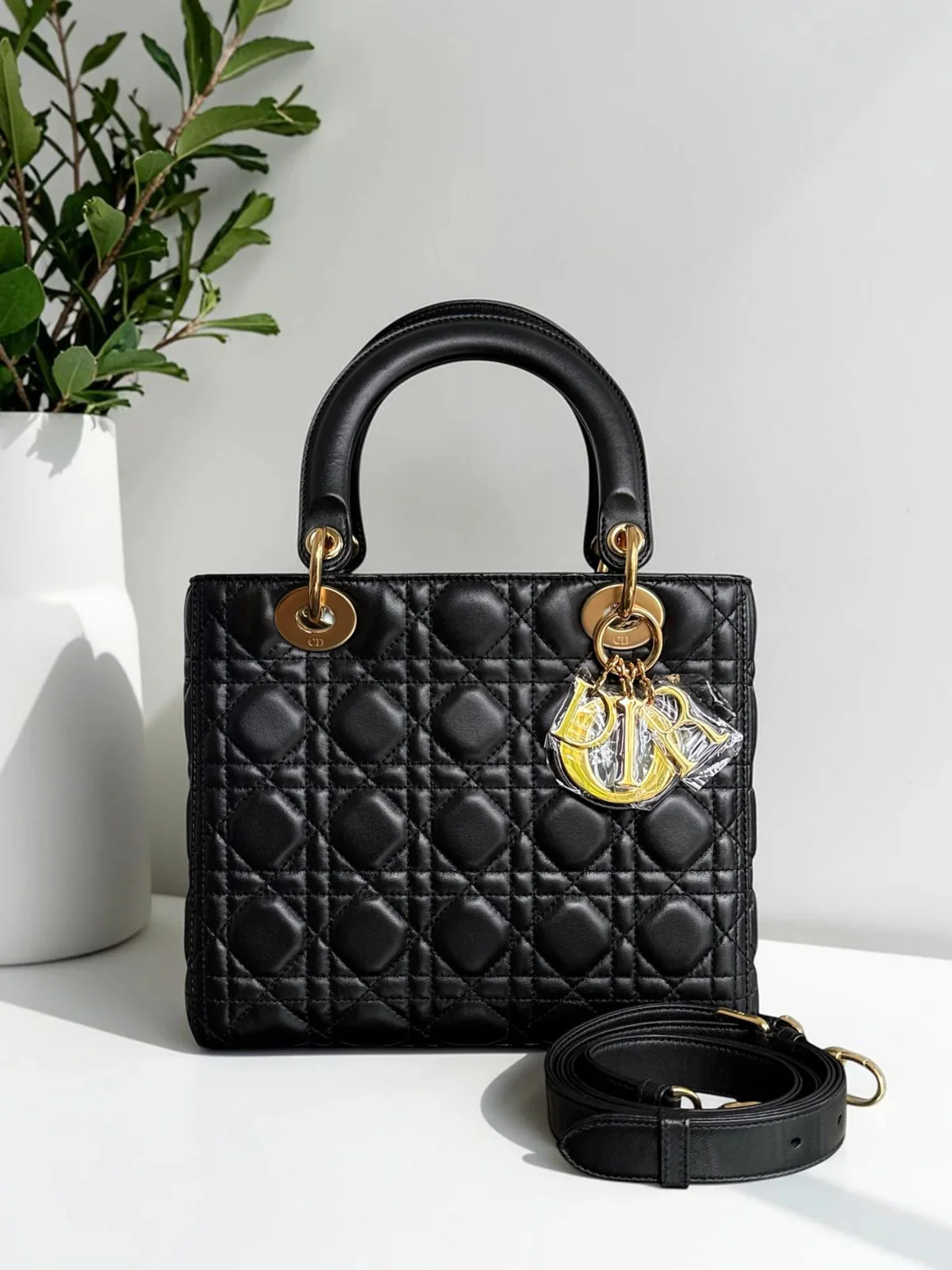 Dior Lady Medium - Cannage Lambskin Black Gold Hardware Adjustable Strap