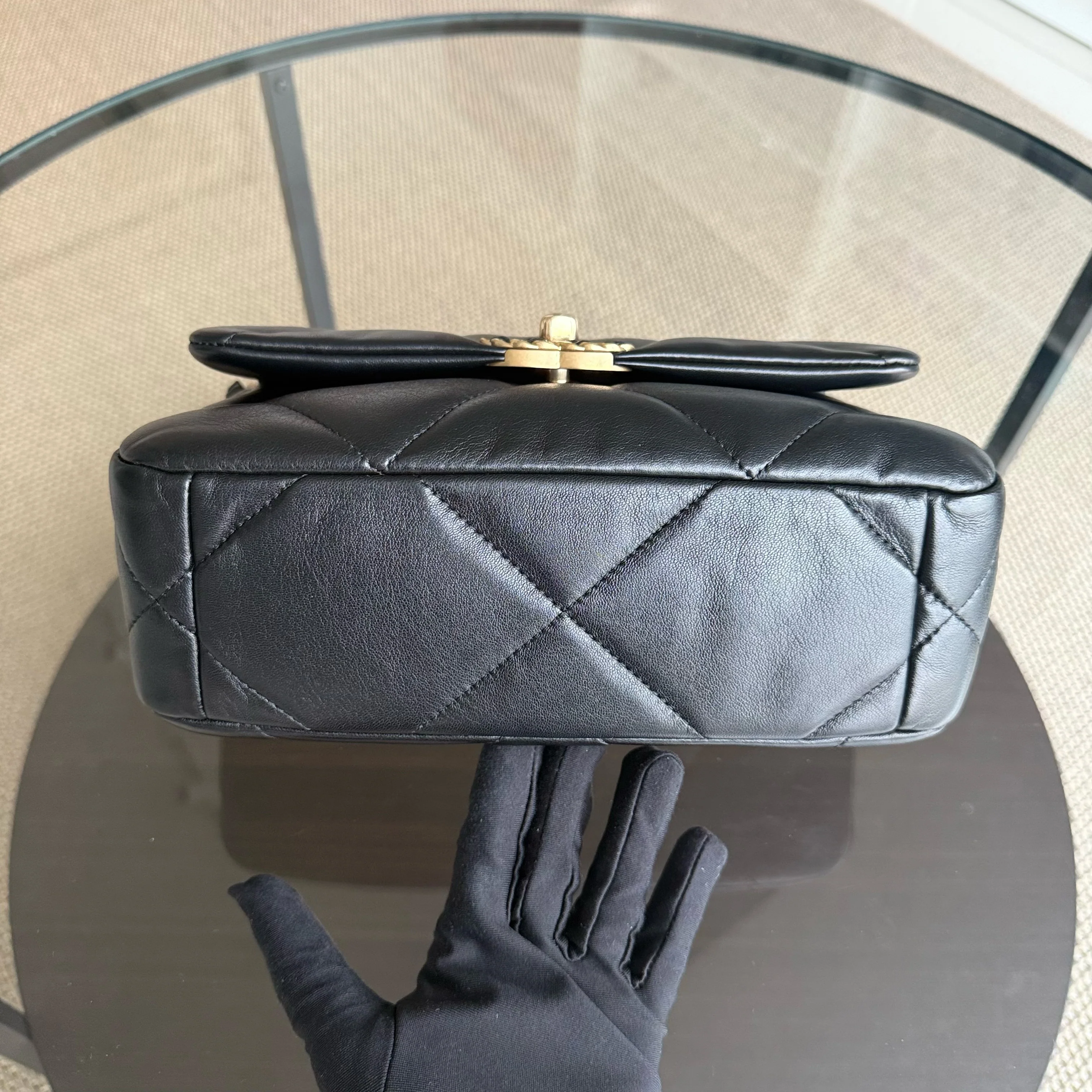 Chanel 19 Bag C19 Small - Quilted Shiny Goatskin Black Two-tone Gold Silver Hardware