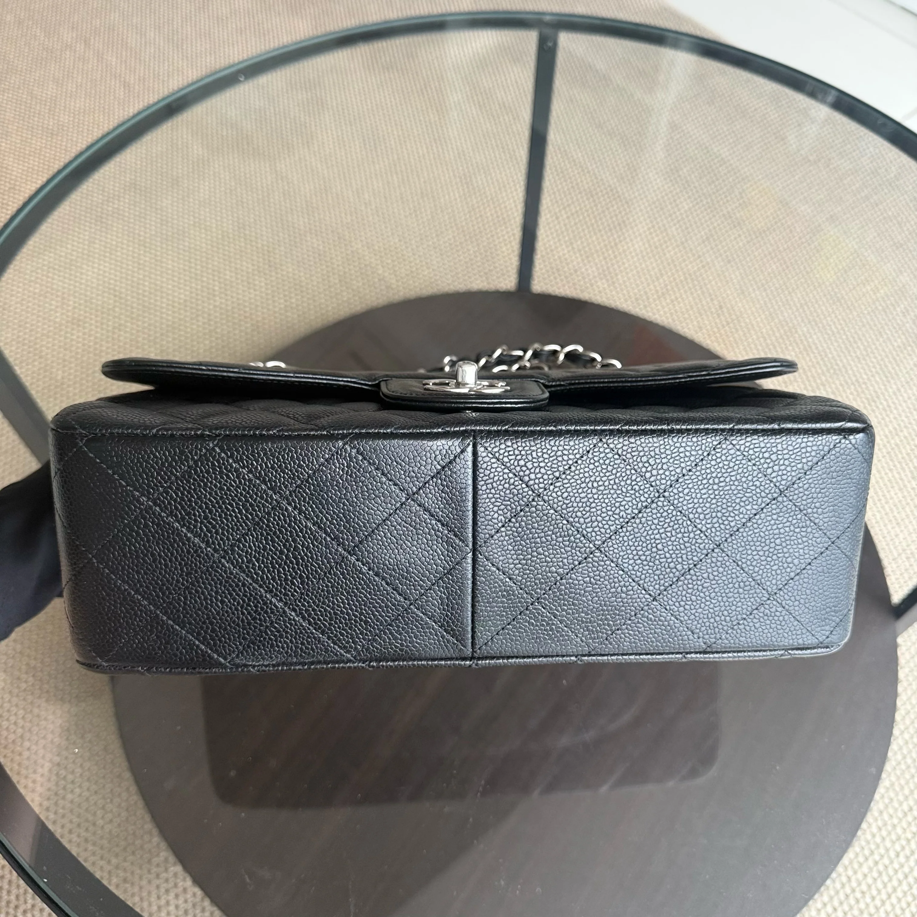 Chanel Caviar Jumbo Classic Flap Quilted Grained Calfskin Black Silver Hardware Series 13