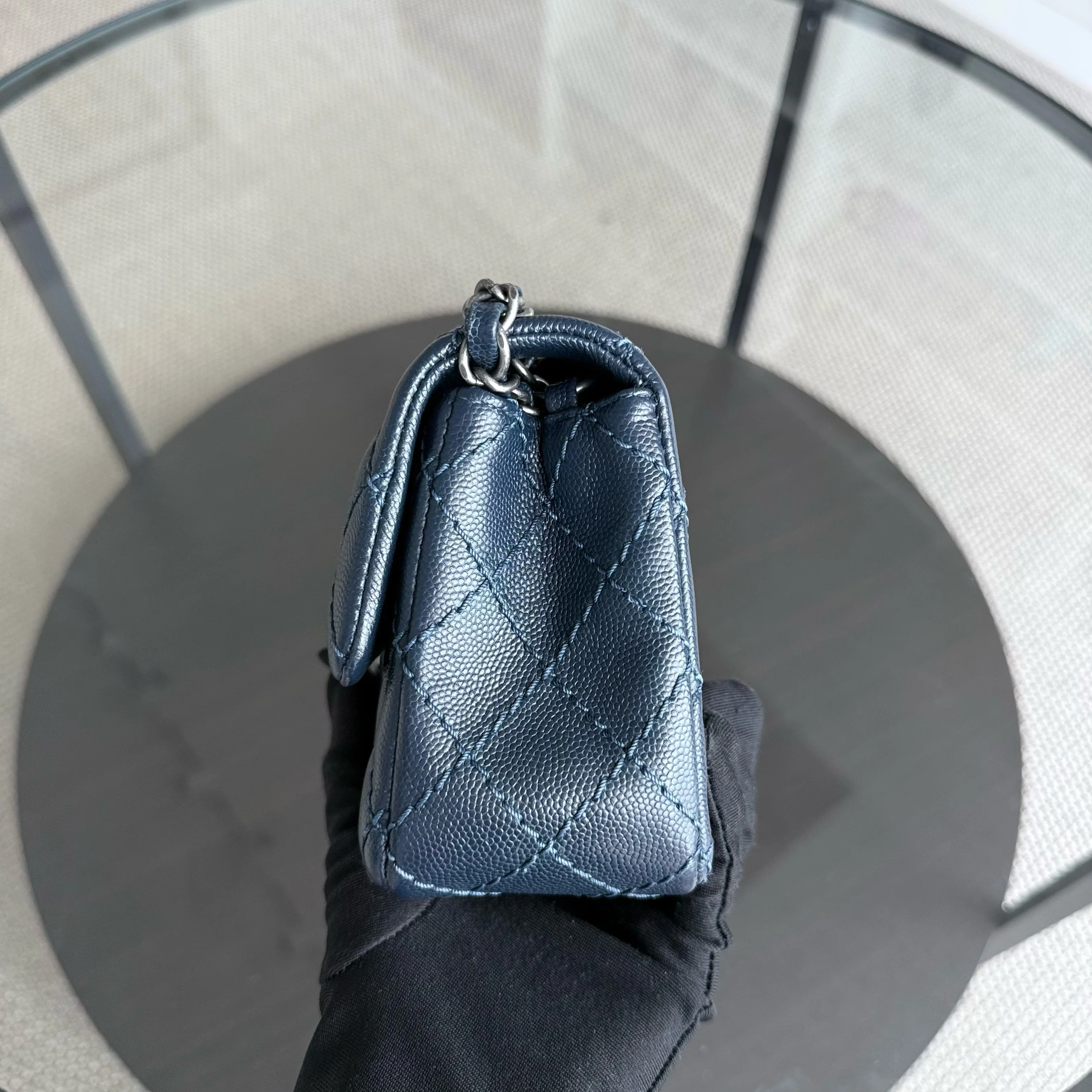 Chanel Classic Flap Mini Rectangle - Caviar 20CM Quilted Dark Blue Ruthenium Silver Hardware Series 23