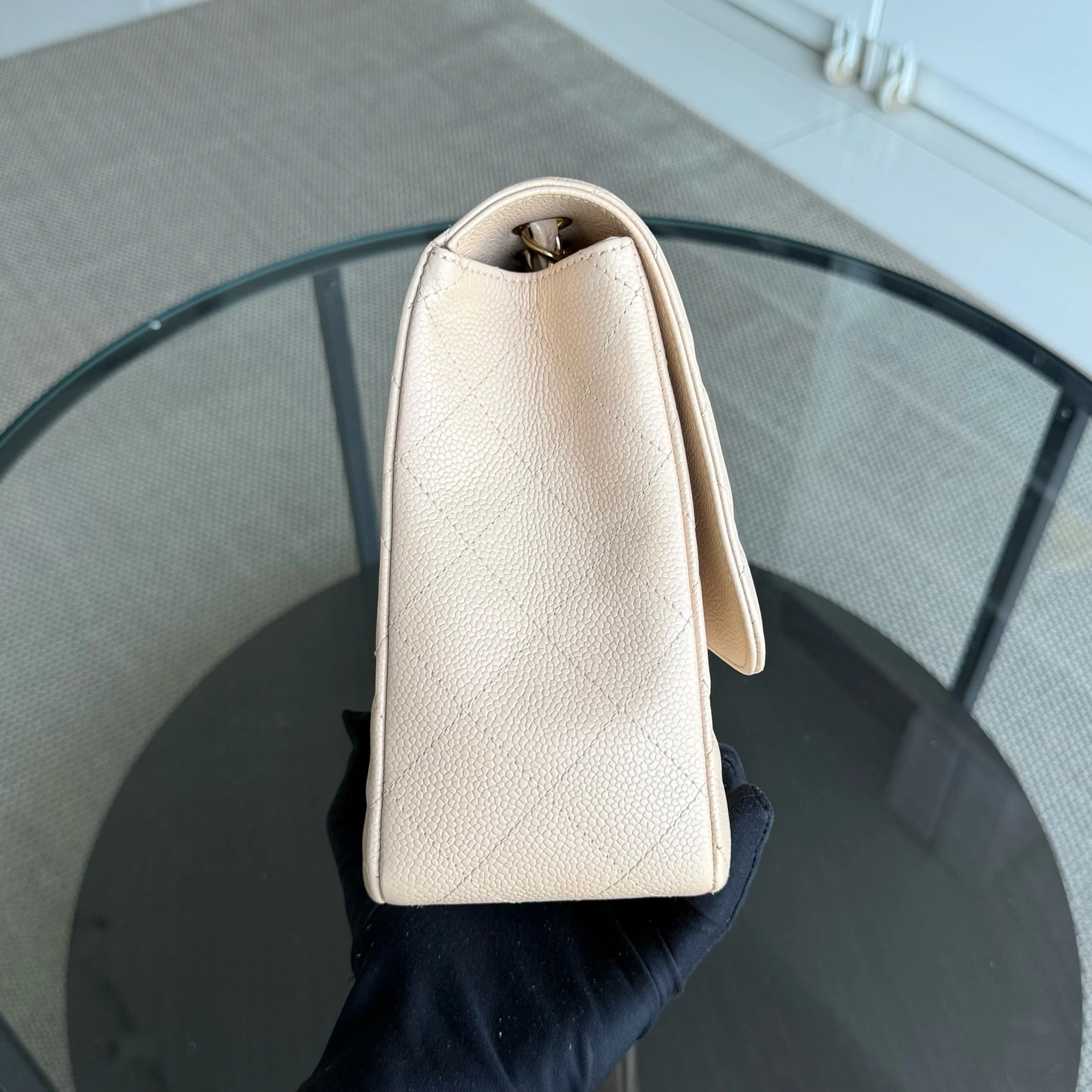 Chanel Classic Flap Jumbo - Caviar 30CM Single Flap Quilted Beige 24K Gold Hardware Series 12