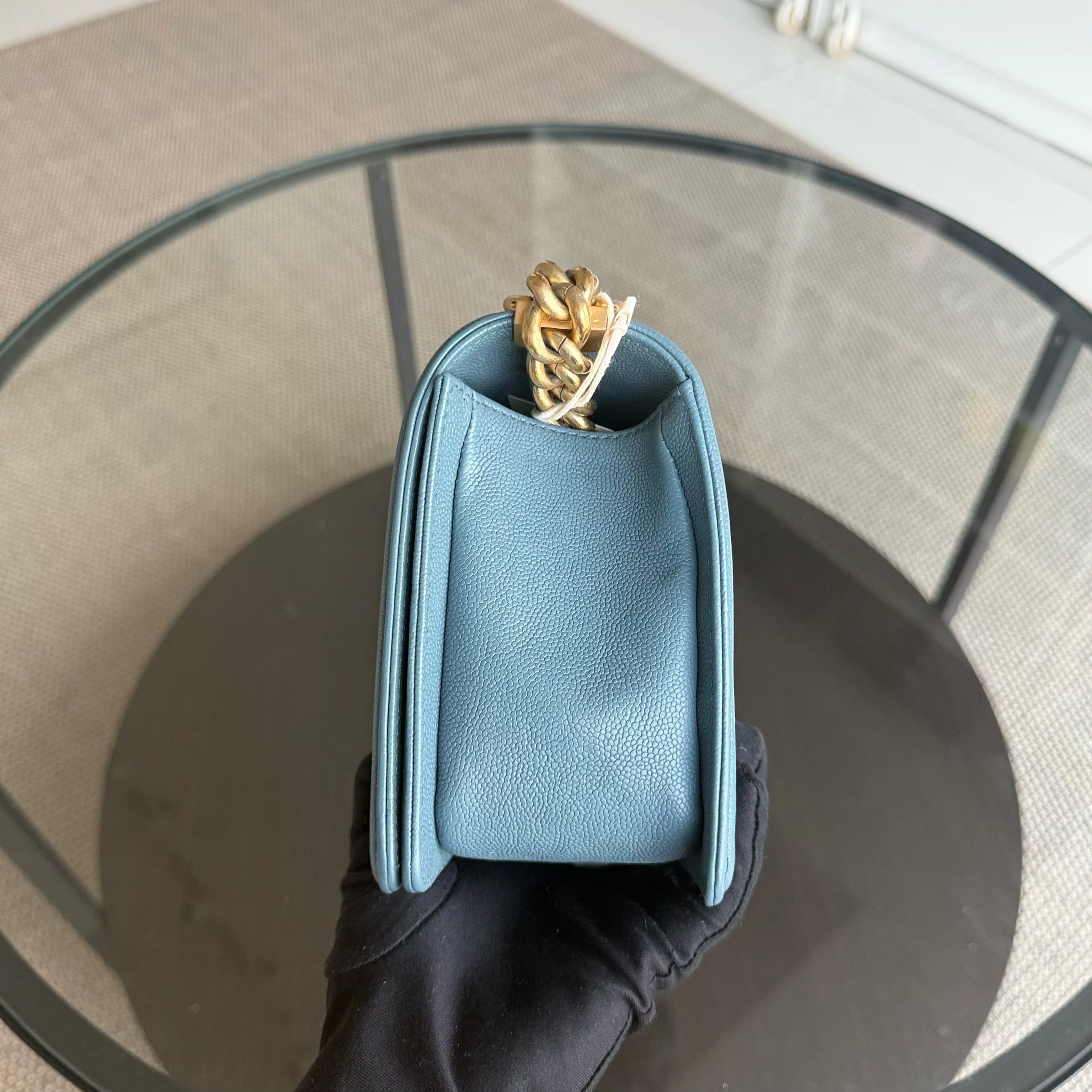 Chanel Boy Medium - Caviar 25CM Quilted Blue Gold Hardware 25