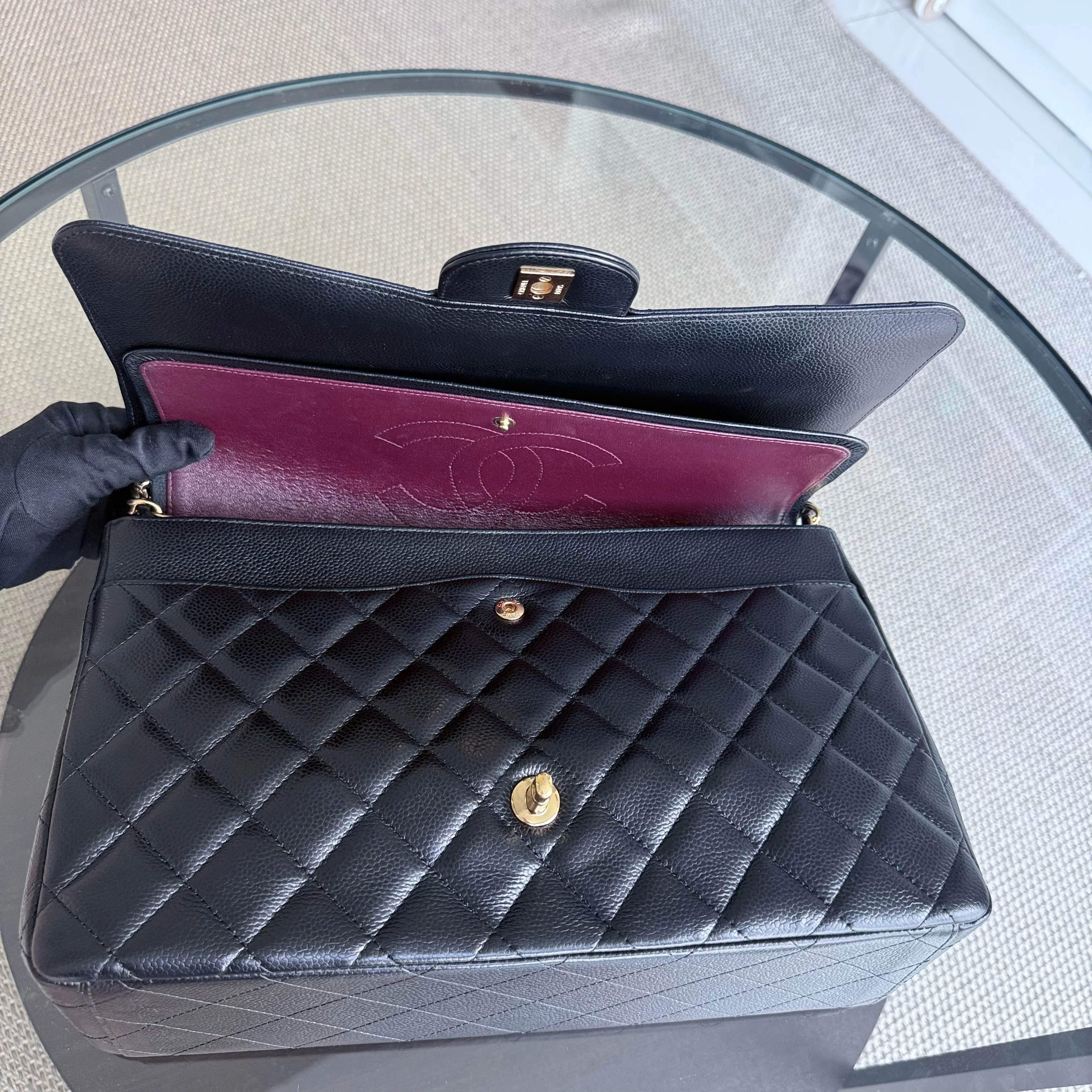 Chanel Classic Flap Maxi - Caviar Double Flap 33CM Quilted Black Gold Hardware Series 18