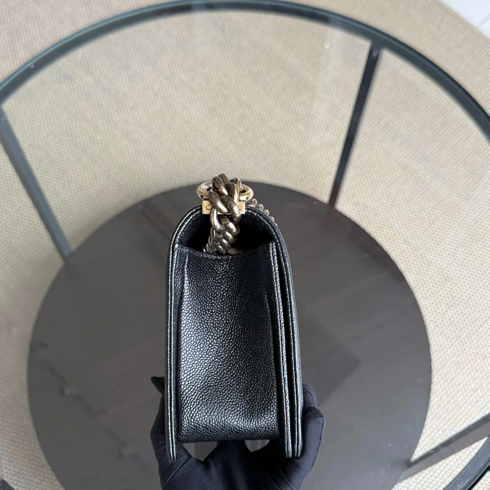 Chanel Boy Medium - Caviar 25CM Quilted Grained Calfskin Black Gold Hardware Series 19