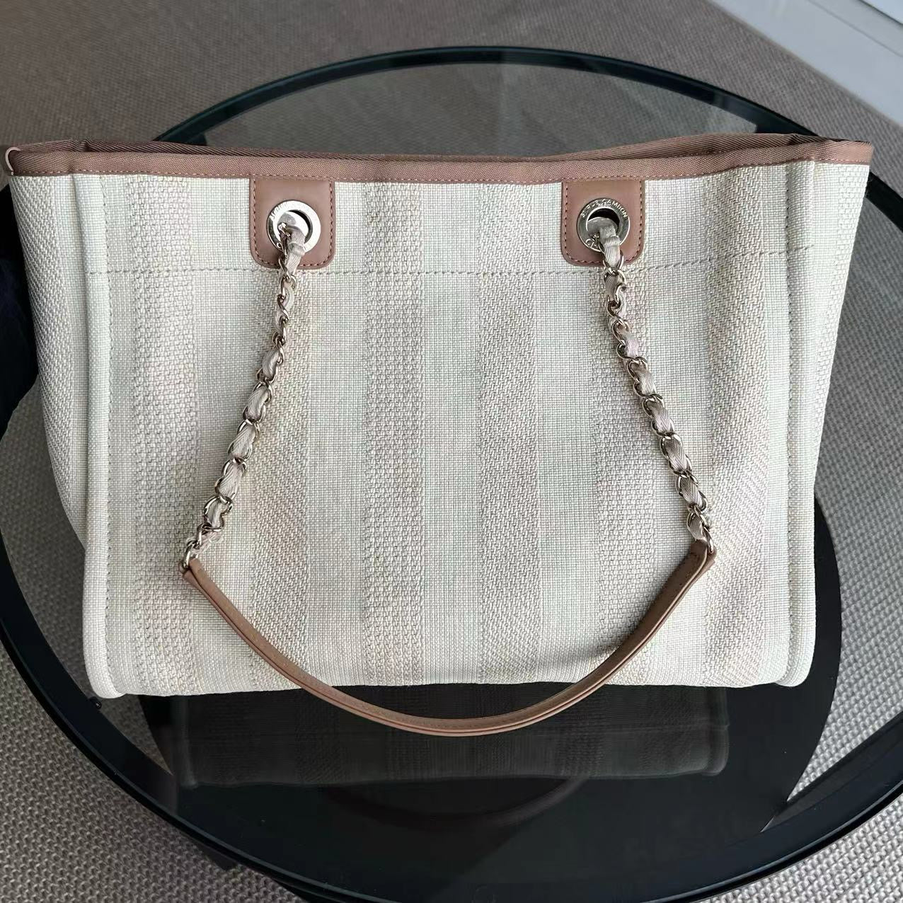 Chanel Deauville Small - Tote Yellow Canvas Silver Hardware 29