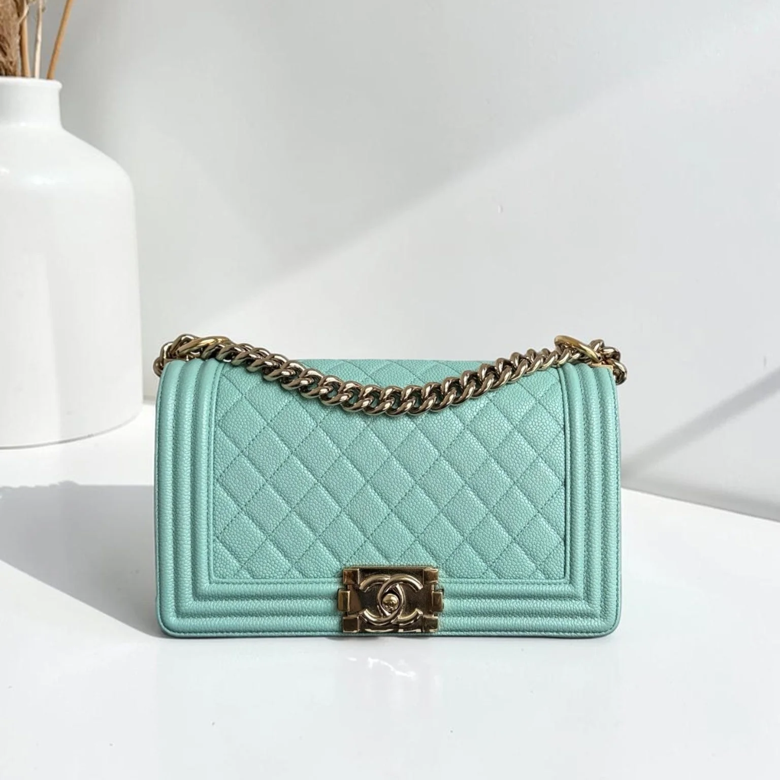 Chanel Boy Medium - 25CM Quilted Tiffany Blue Gold Hardware Series 29