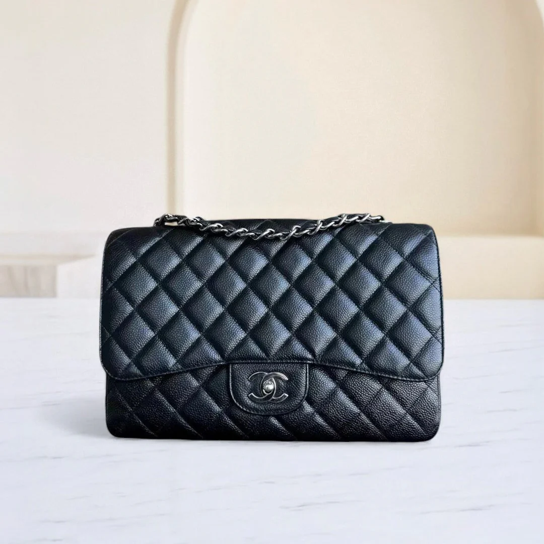 Chanel Caviar Jumbo Classic Flap Quilted Grained Calfskin Black Silver Hardware Series 13