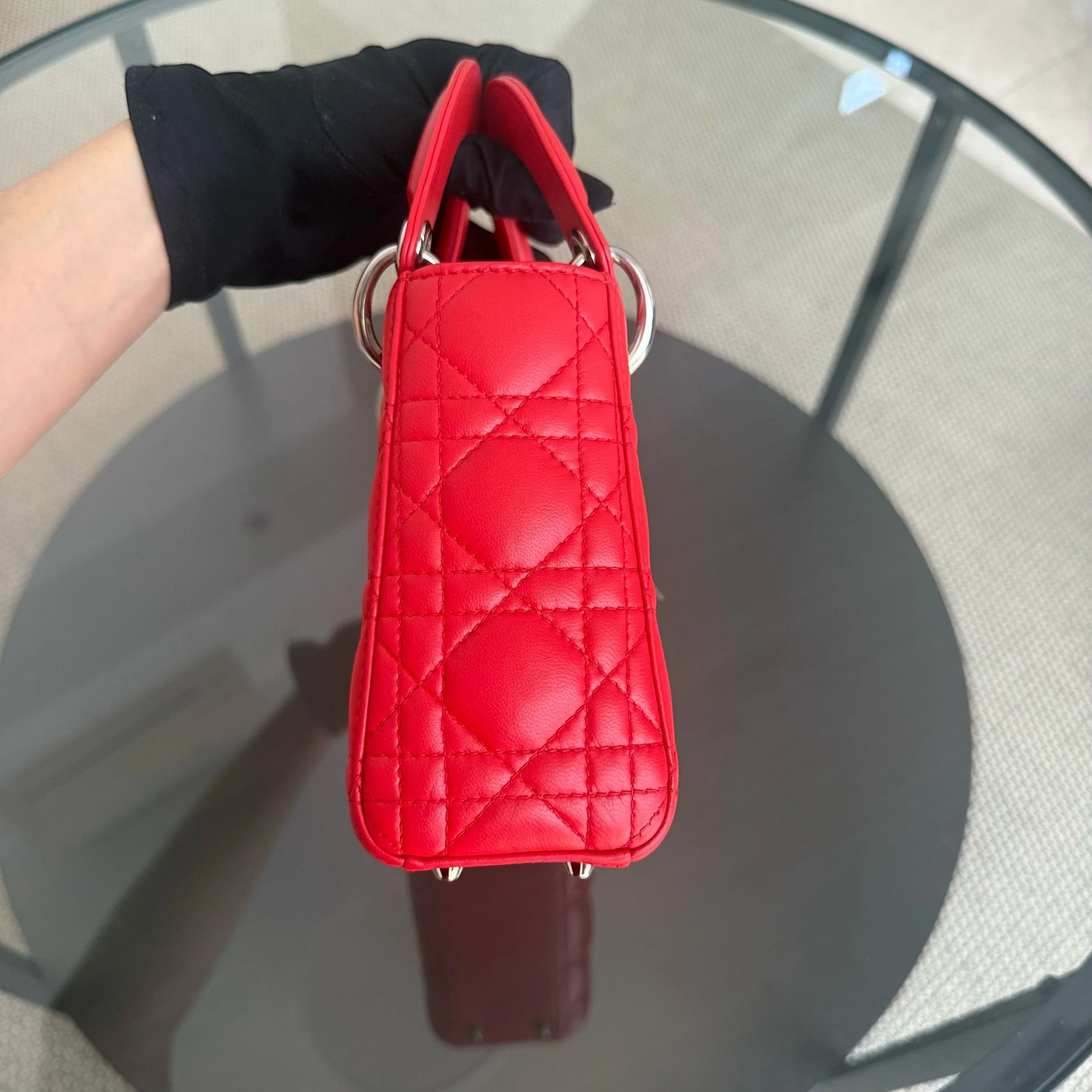 Dior Lady Mini - Cannage Lambskin Red Silver Hardware Adjustable Strap