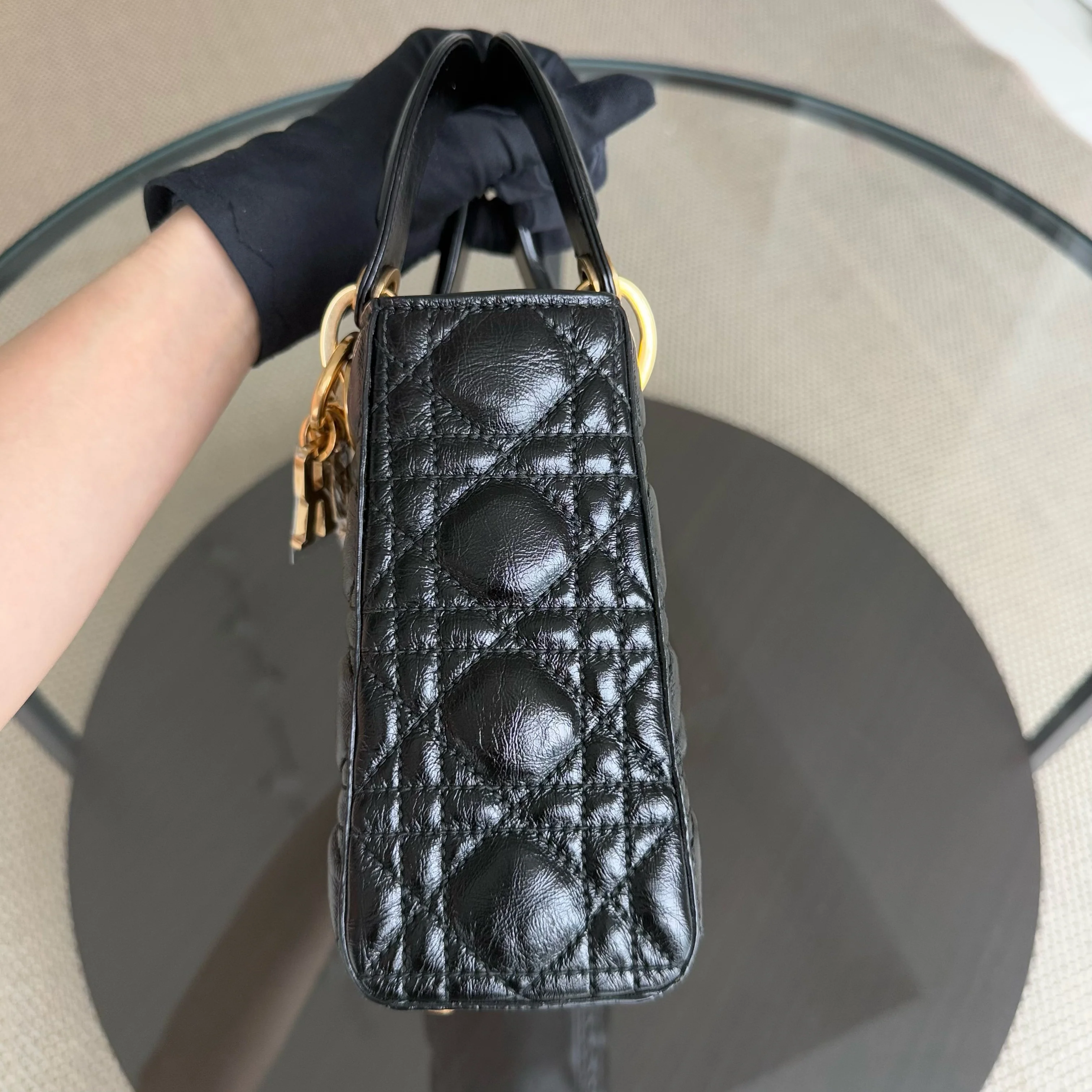 Dior Lady Small - Cannage Glazed Calfskin Black Gold Hardware