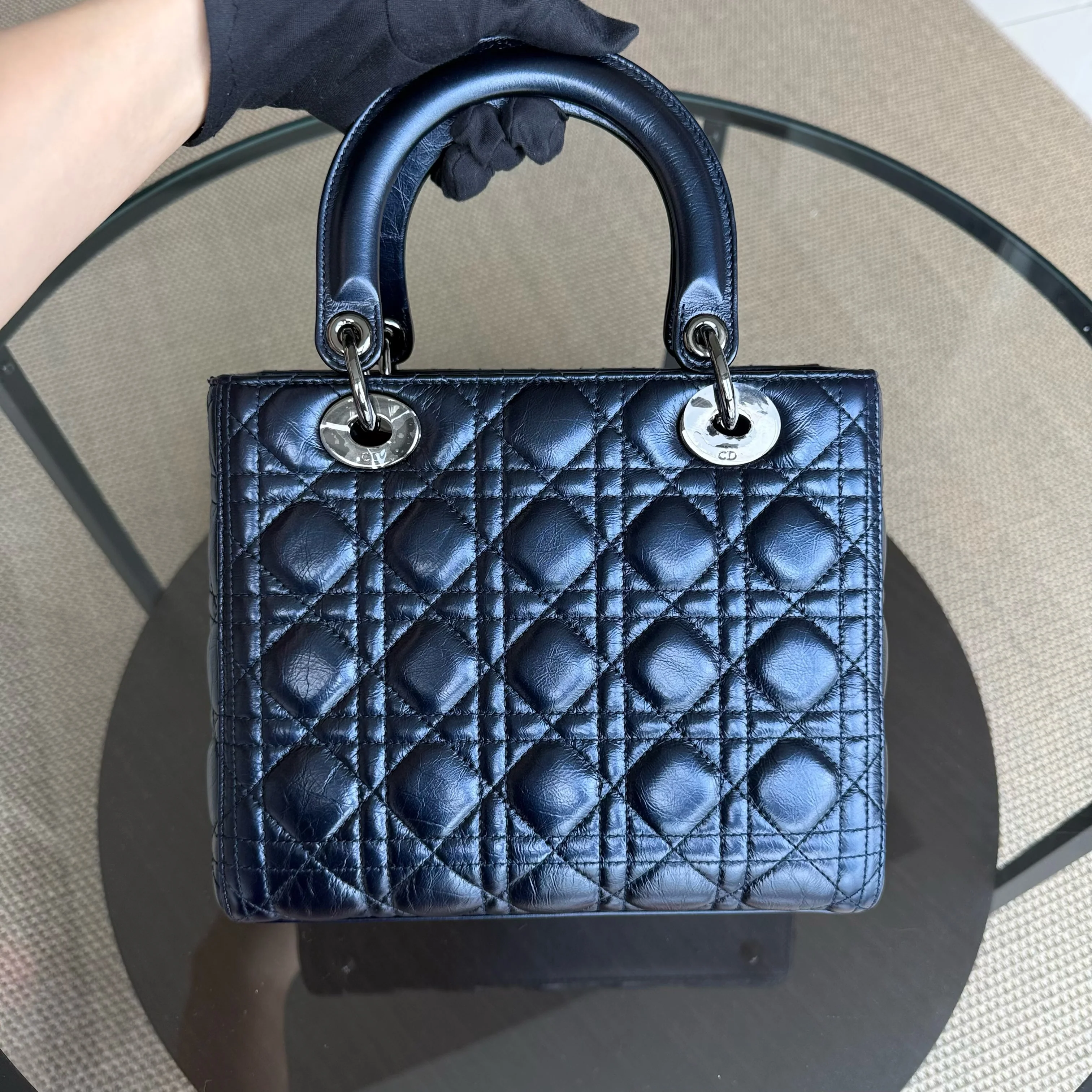 Dior Lady Medium Cannage Glazed Calfskin Dark Blue Silver Hardware