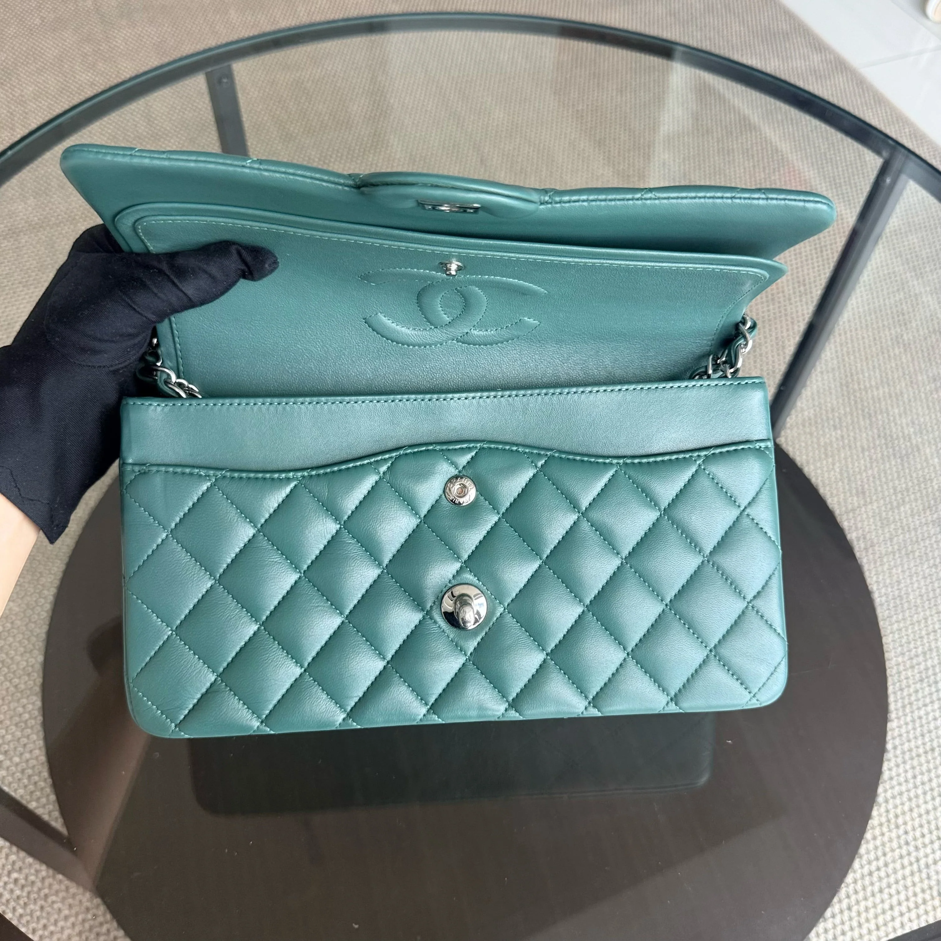 Chanel Classic Flap Medium - 25CM Quilted Lambskin Olive Green Blue Silver Hardware Series 26