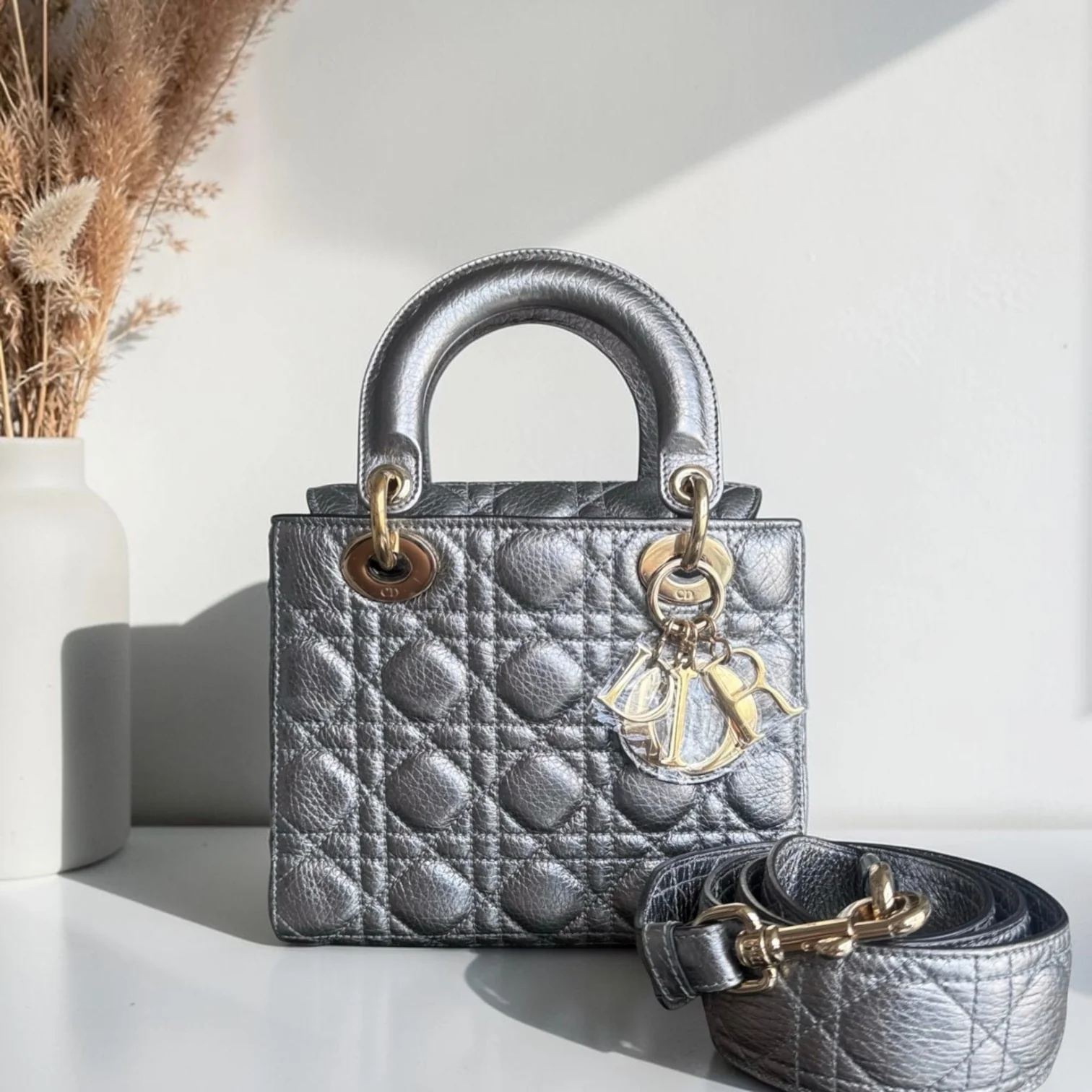 Dior Lady Small - Cannage Gray Calfskin Gold Hardware