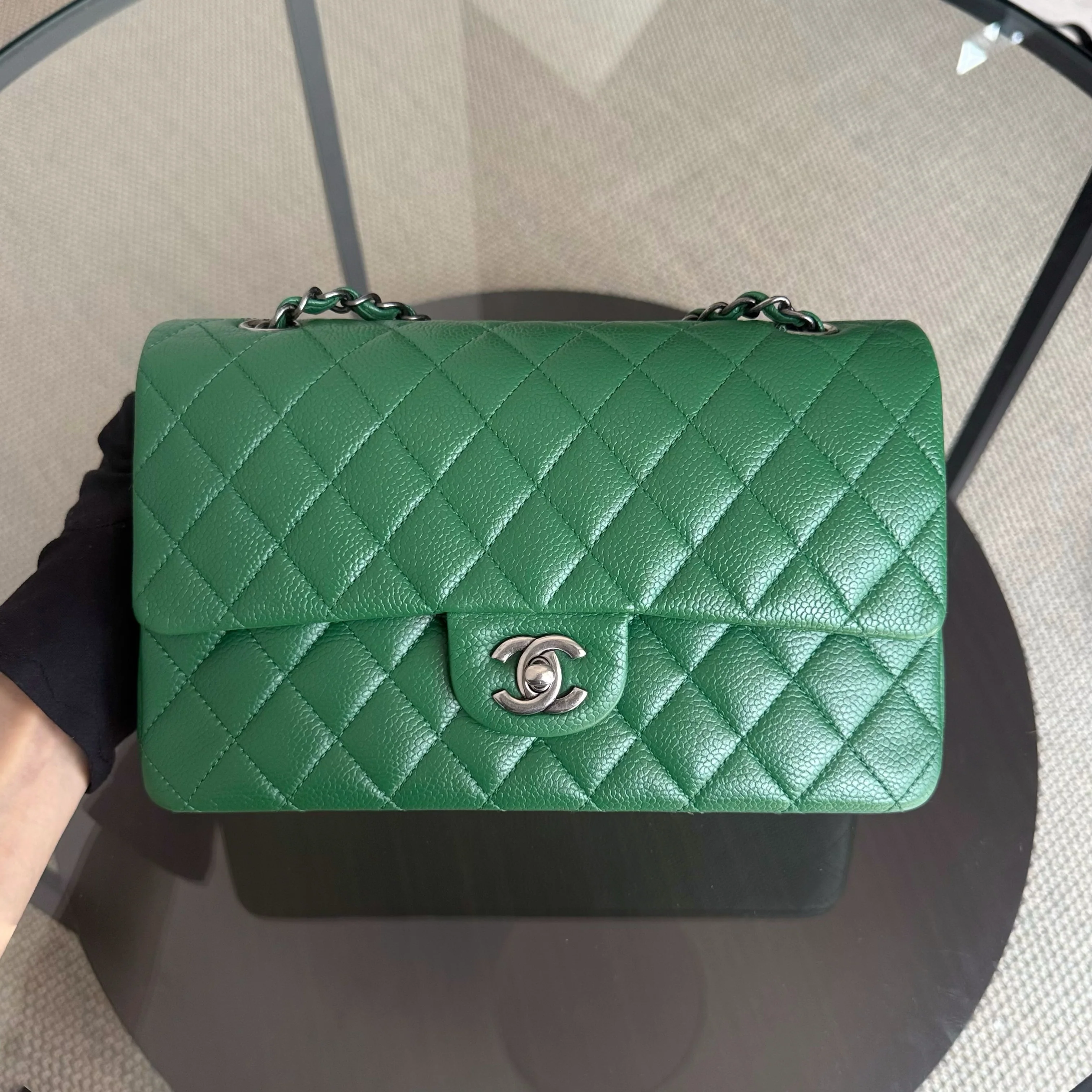 Chanel Classic Flap Medium - Caviar 25CM Quilted Double Flap Green Silver Hardware Series 21