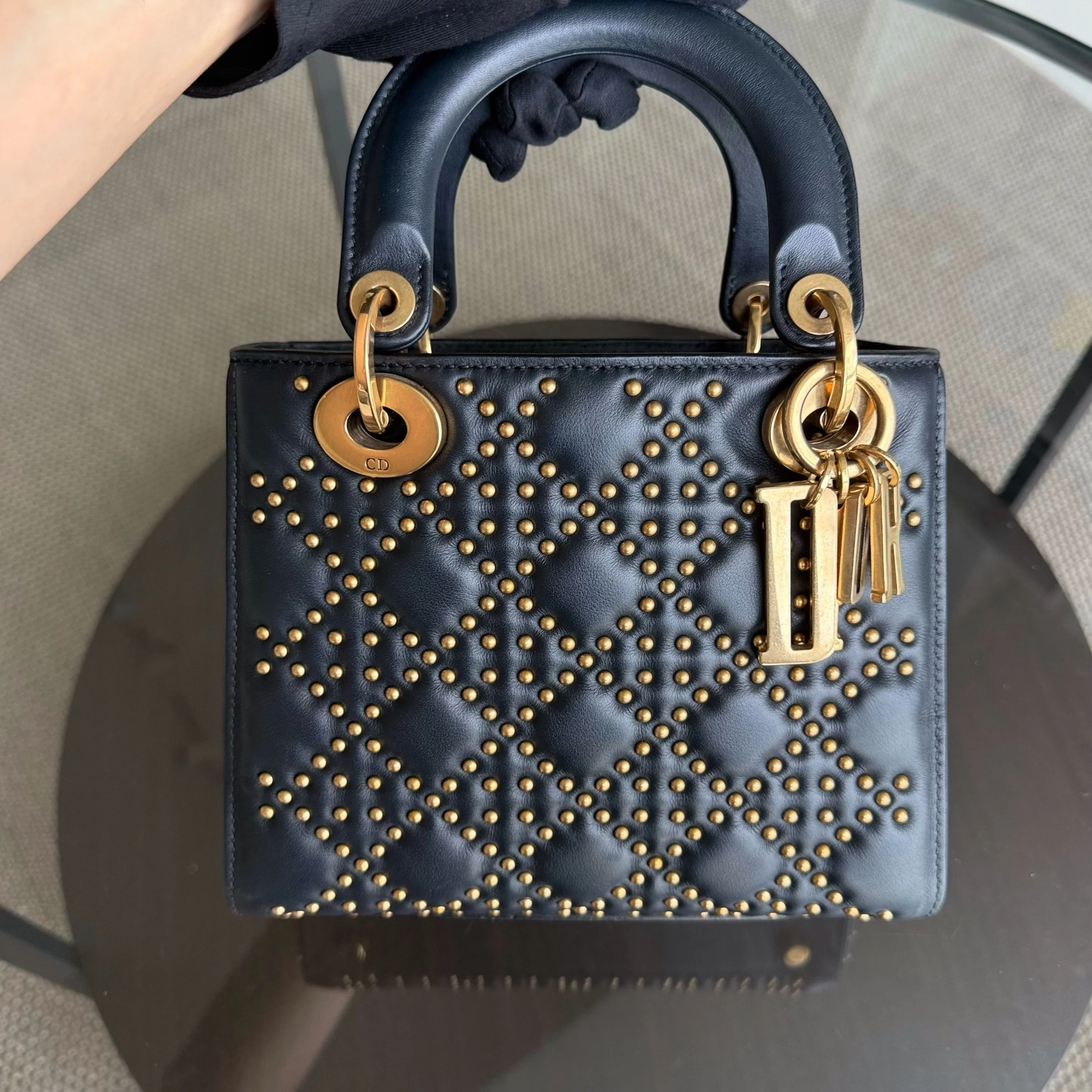 Dior Lady Small Flap - Cannage Calfskin Studded Black Gold Hardware