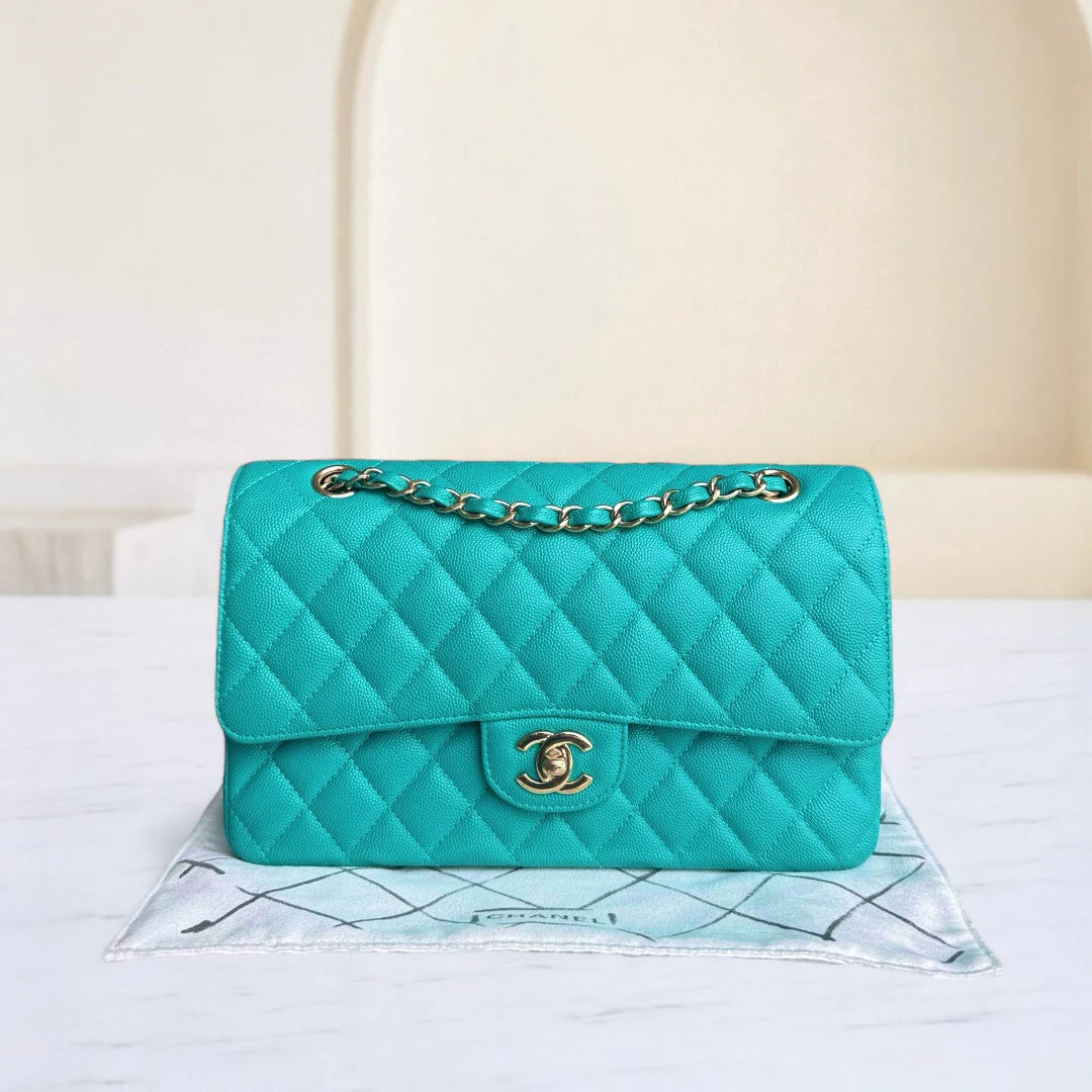 Chanel Classic Flap Medium - Caviar 25CM Quilted Cyan Blue Gold Hardware Series 23