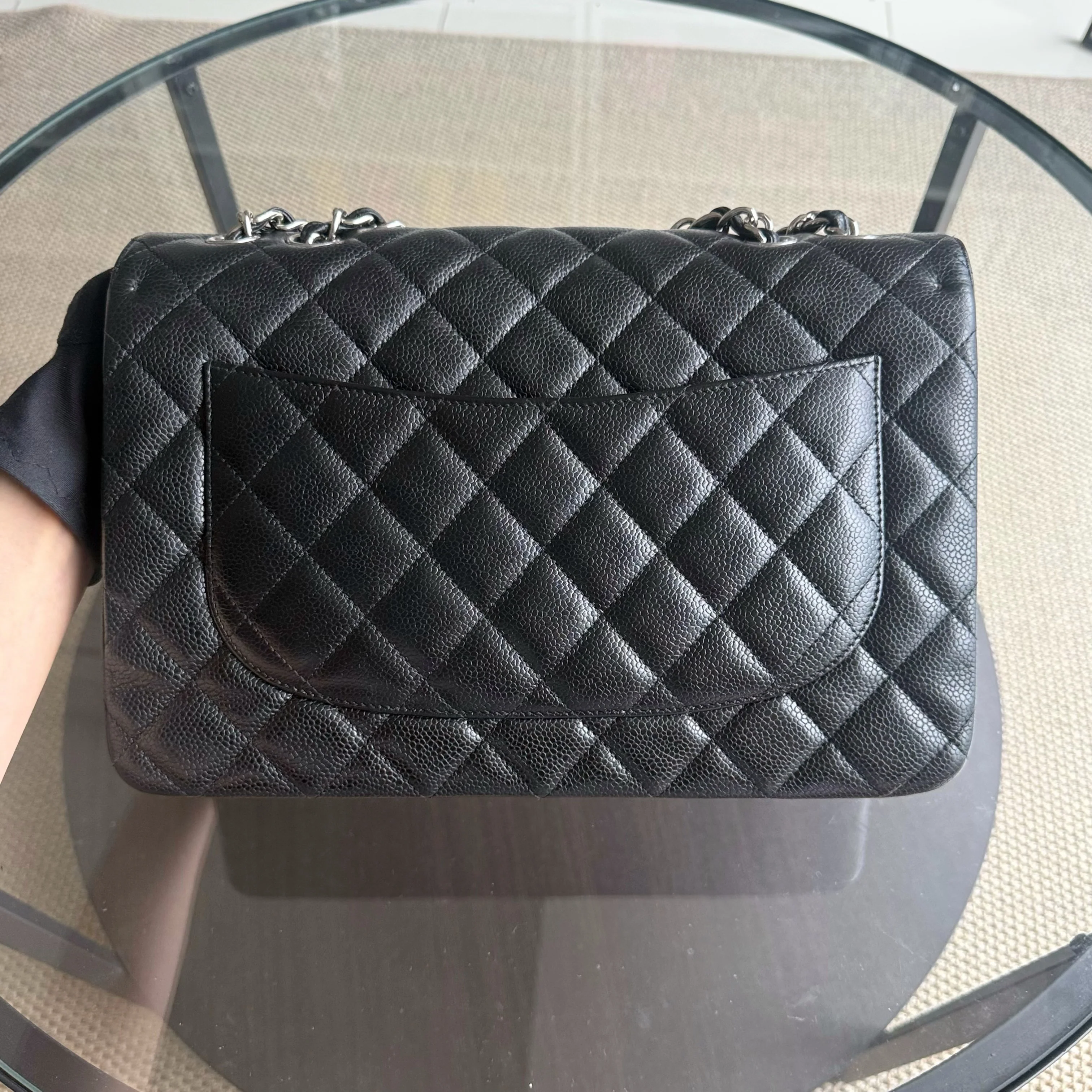 Chanel Caviar Jumbo Classic Flap Quilted Grained Calfskin Black Silver Hardware Series 13