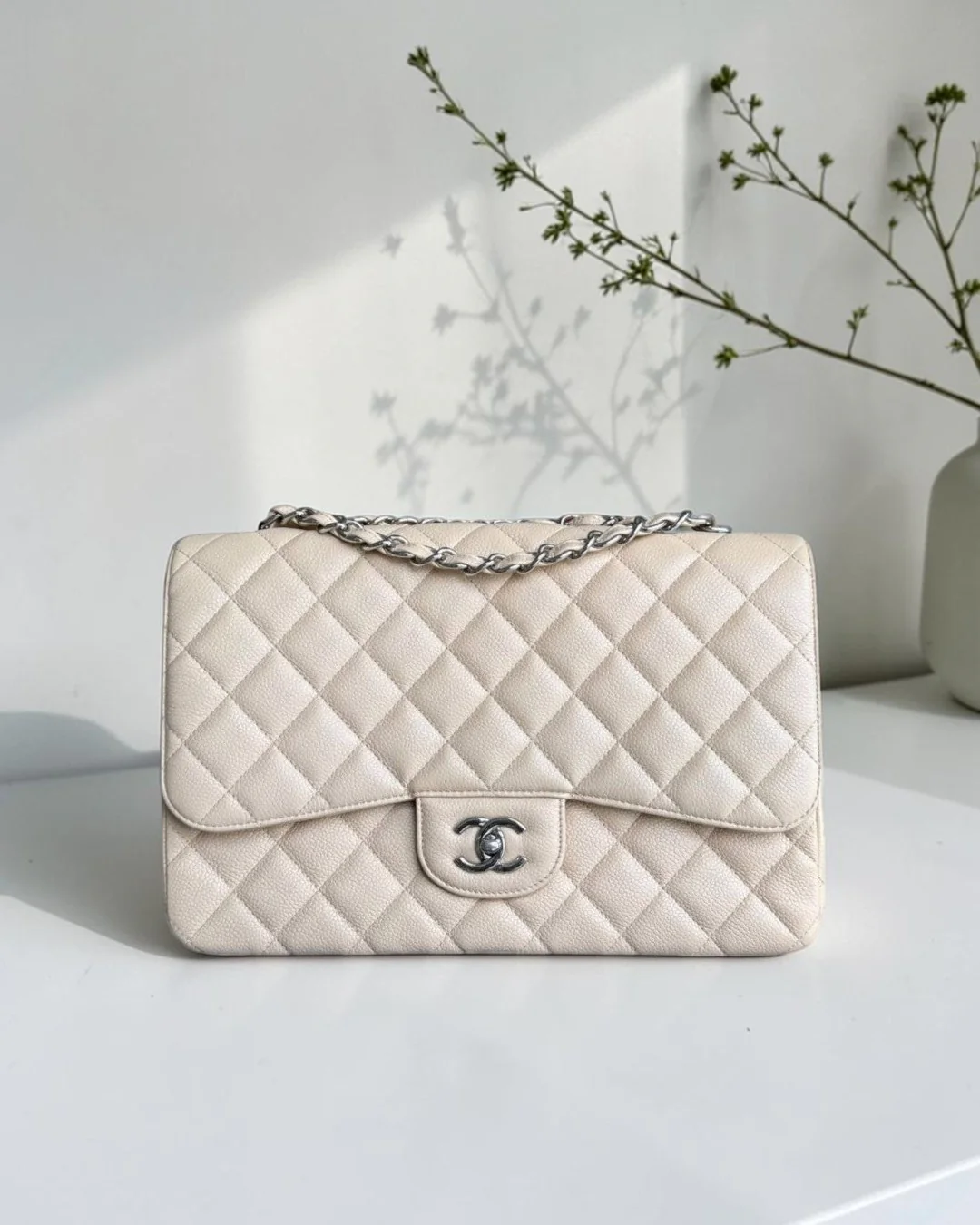Chanel Classic Flap Jumbo - Caviar 30CM Single Flap Quilted Beige Silver Hardware Series 13