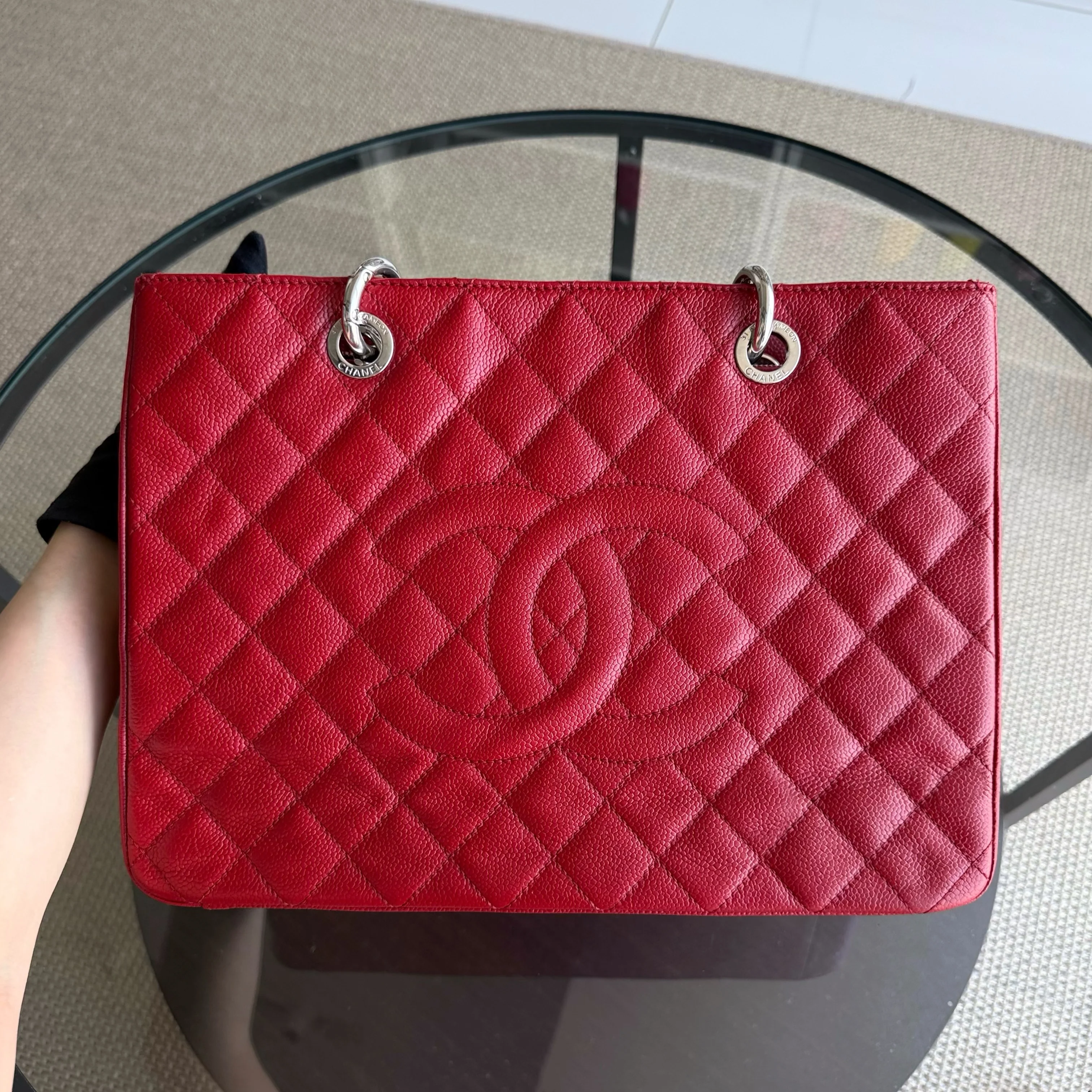 Chanel GST Grand Shopping Tote - Caviar Quilted Grained Calfskin Red Silver Hardware Series 17