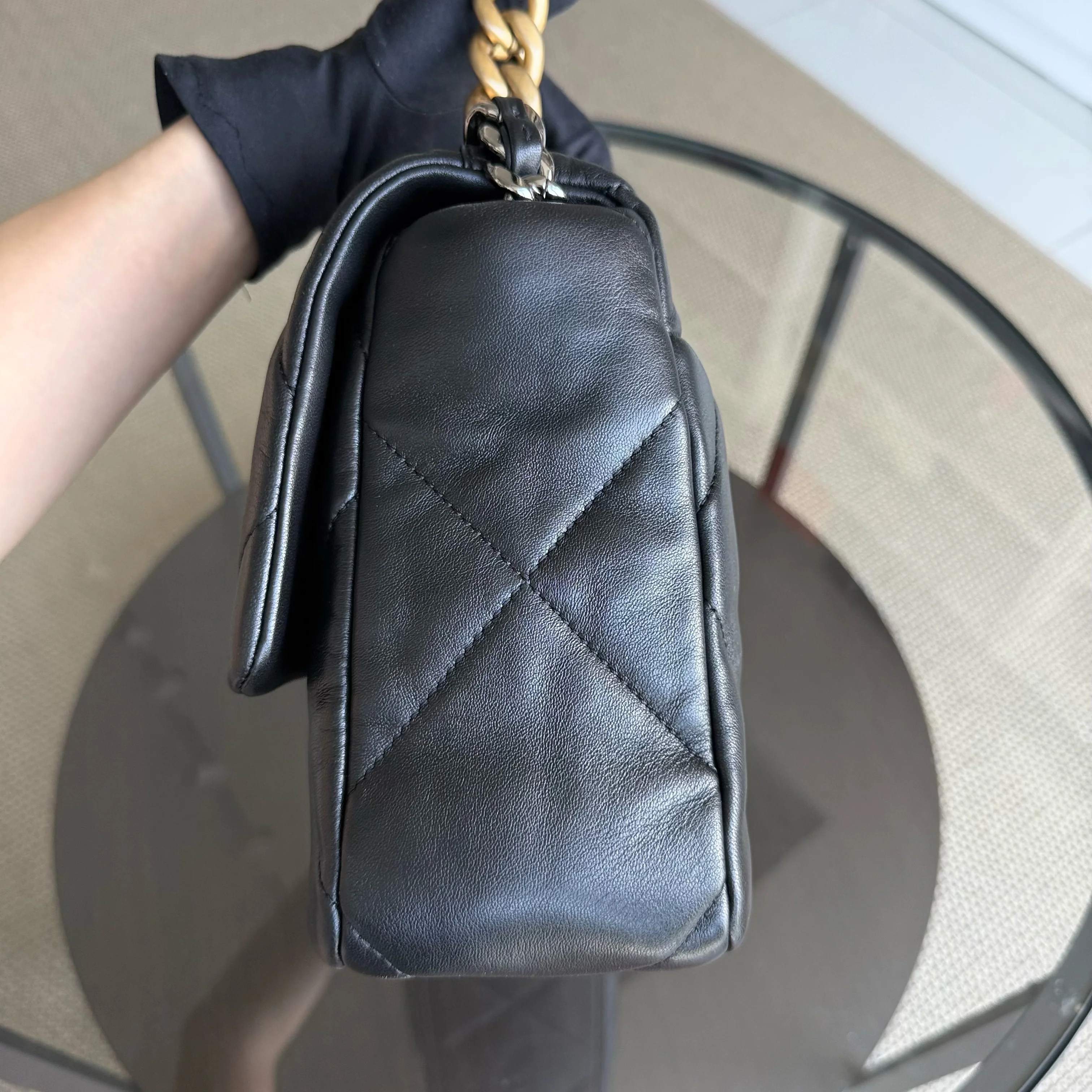 Chanel 19 Bag C19 Medium - Quilted Goatskin Black Two-Tone Gold Hardware Microchip