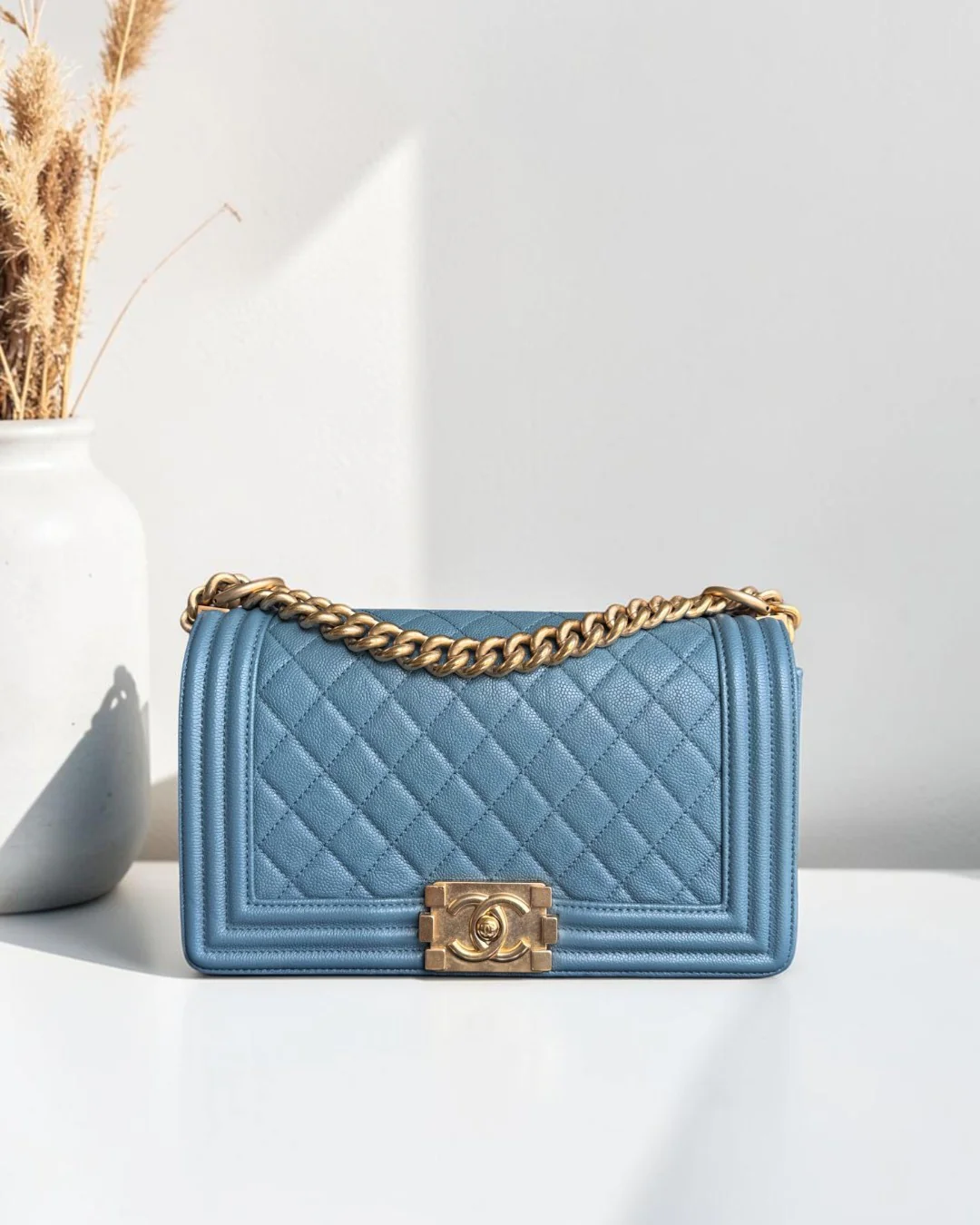 Chanel Boy Medium - Caviar 25CM Quilted Blue Gold Hardware 25