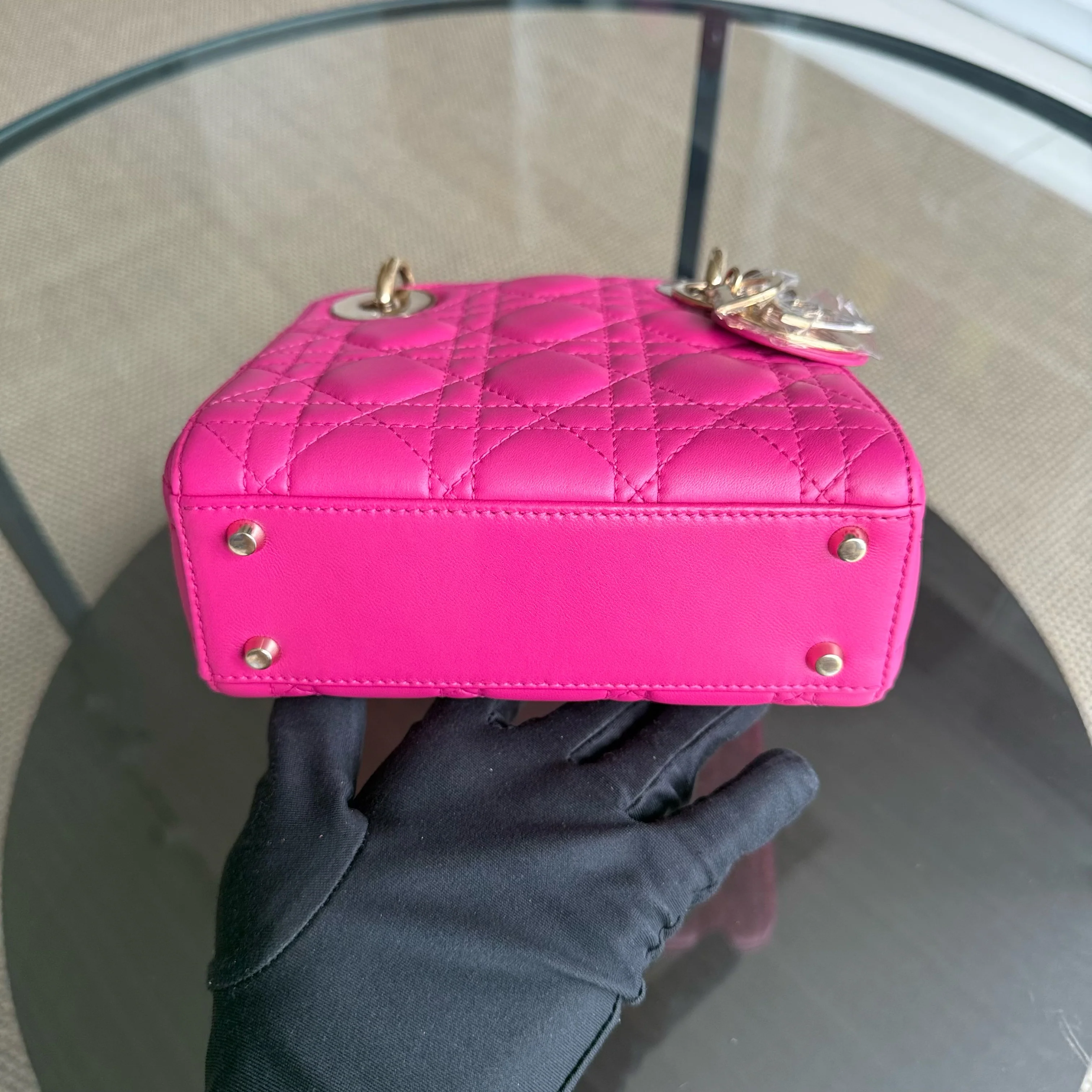 Dior Lady Mini - Cannage Lambskin Hot Pink Gold Hardware Adjustable Strap