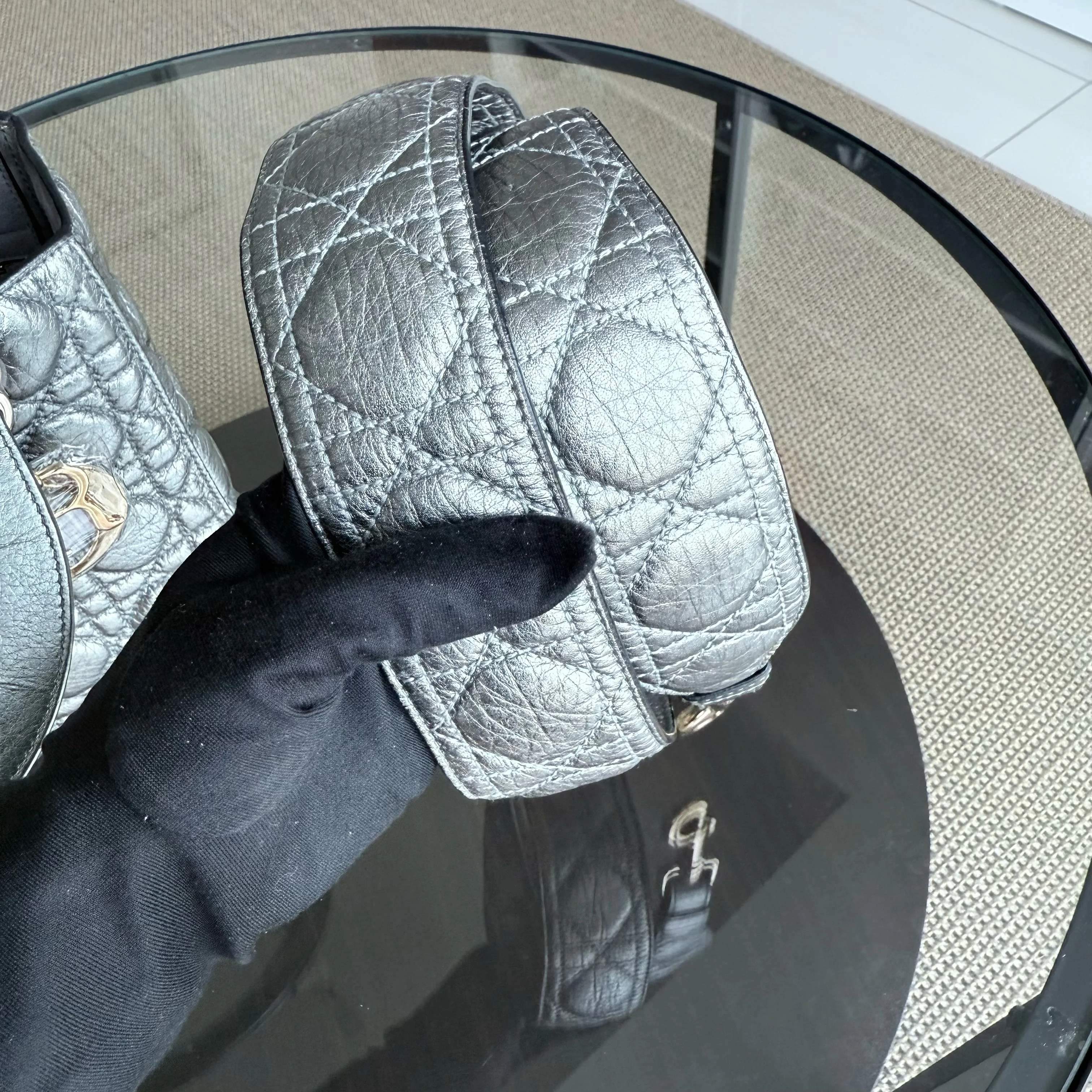 Dior Lady Medium Flap - Grained Calfskin Metallic Silver Gold Hardware Limited Edition