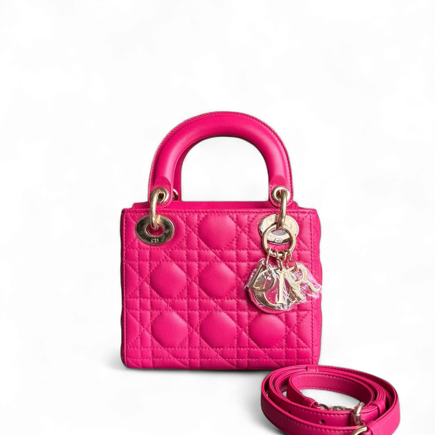 Dior Lady Mini - Cannage Lambskin Hot Pink Gold Hardware Adjustable Strap